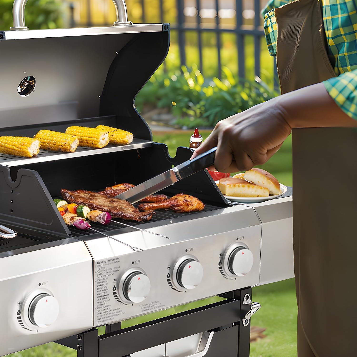 Endark 3-Burner BBQ Grill with Side Burner and Grill Cover,40,500 BTU Stainless Steel Propane Grill, Including Thermometer Wheels, Gas Grill for Garden Cooking and Family Gatherings