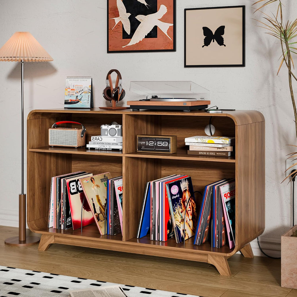 Record Player Stand with Vinyl Storage Cabinet with Charging Station & USB Ports, Turntable Stand Table Holds Up to 350 Albums, Curved Vinyl Record Cabinet for Living Room (Walnut, 42.5-inch)