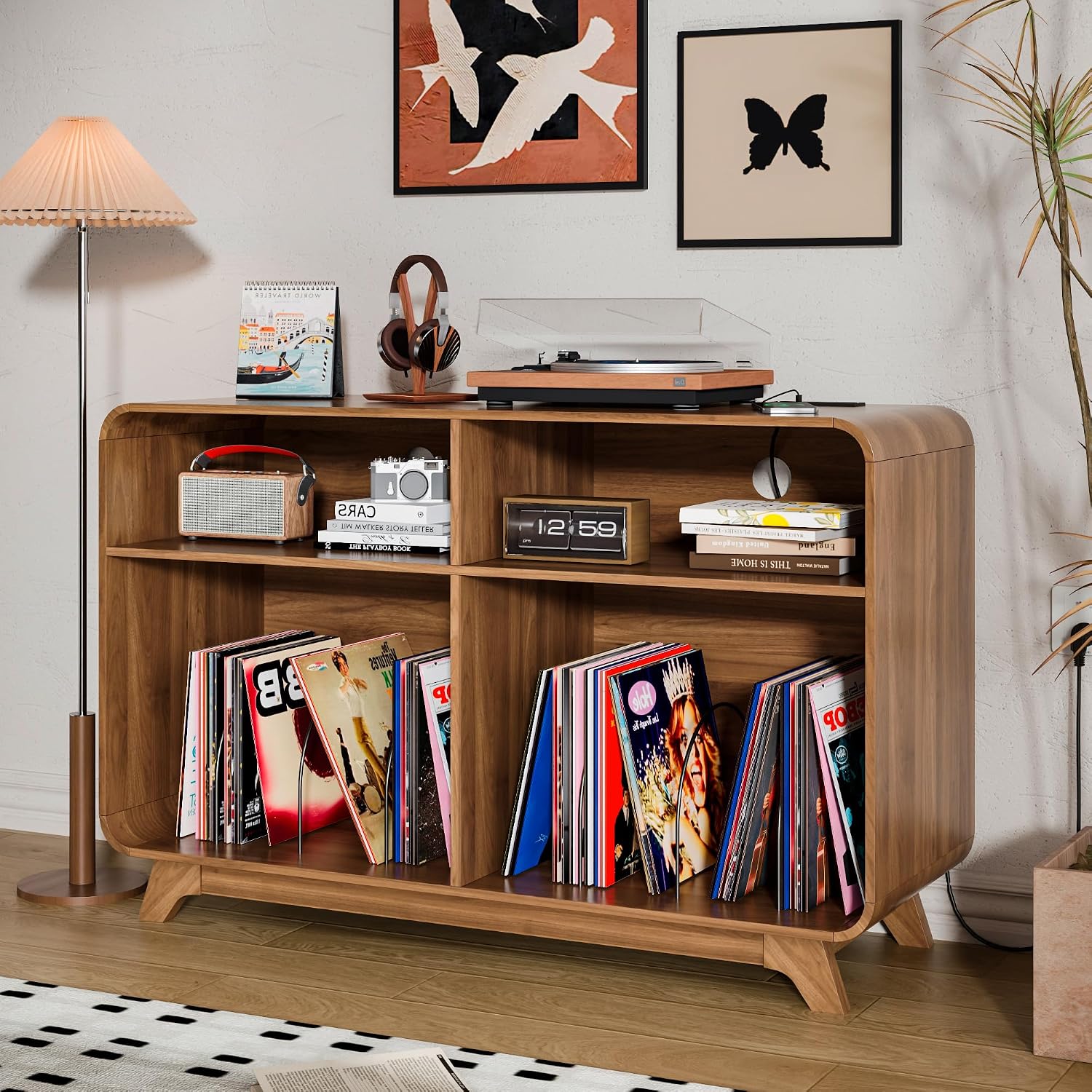 Record Player Stand with Vinyl Storage Cabinet with Charging Station & USB Ports, Turntable Stand Table Holds Up to 350 Albums, Curved Vinyl Record Cabinet for Living Room (Walnut, 42.5-inch)