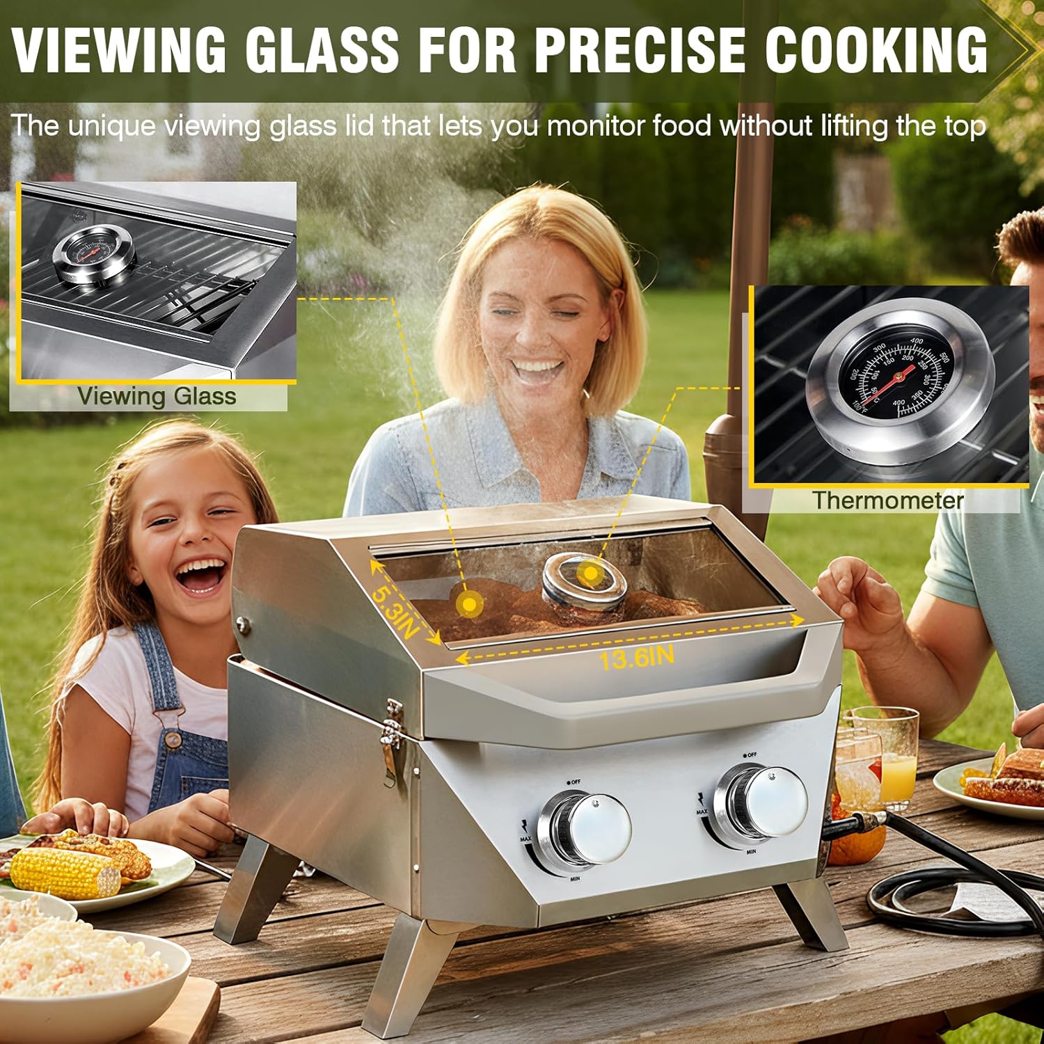 BESTFIRE Tabletop Gas Grill with 2 Burners & Viewing Glass Lid, 20,000 BTU Stainless Steel Portable BBQ Grill with Thermometer, Push-Button Ignition for Outdoor Patio, Camping, RV, Tailgating