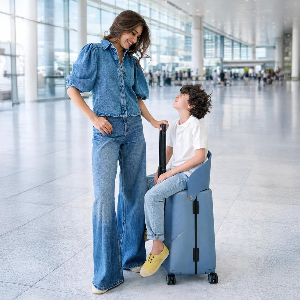 MiaMily Kids Ride-On Carry-On Suitcase with Foldable Seat, Safety Belt, TSA Lock, 4 Double Spinner Wheels, Hard Shell Cabin Luggage, 43L, Slate Blue