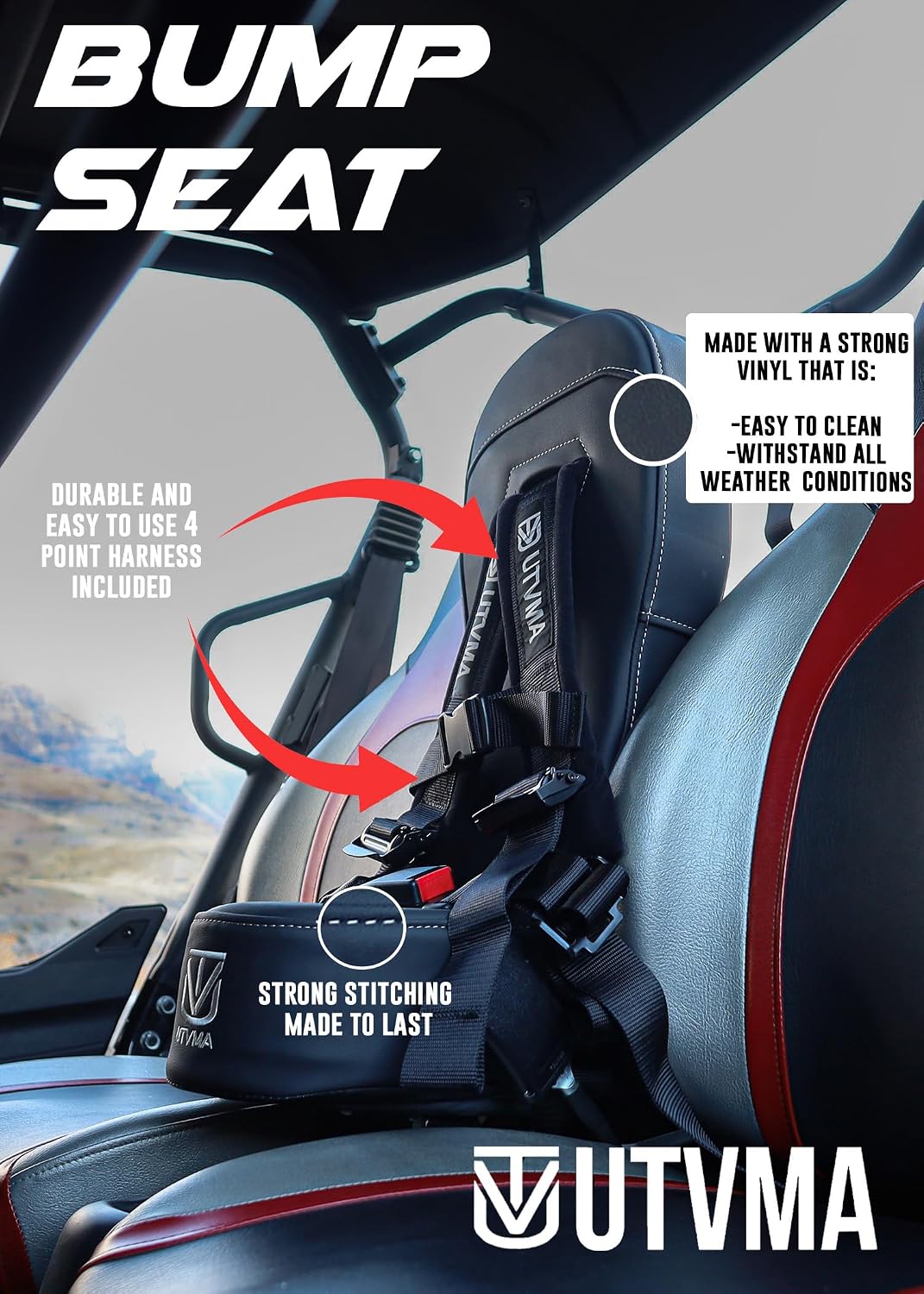 UTVMA Rear Bump Seat Compatible with Kawasaki Teryx 4 (2012-2025) | Center UTV Seat | Includes 4-Point Harness & Mount | Add Extra Rider Safely