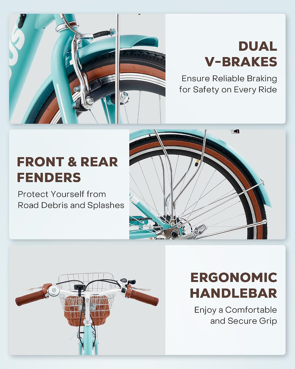 VIRIBUS Womens Cruiser Bike, 7 Speed Beach Cruiser Bike for Women, 26 inch Women Bicycle with Rattan Basket, City Commuter Vintage Retro Step Through Bicycle for Female Ladies Seniors, 330 Lb.