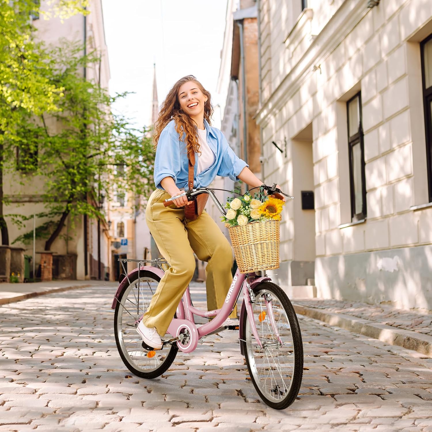 Max4out Women Bike Beach Cruiser Bike for Adult, 24 & 26 Inch Comfort Bikes with Rattan Front Basket, Womens Bicycle with Adjustable Seat and Dual V-Brake (Pink & White & Green & Purple & Black)