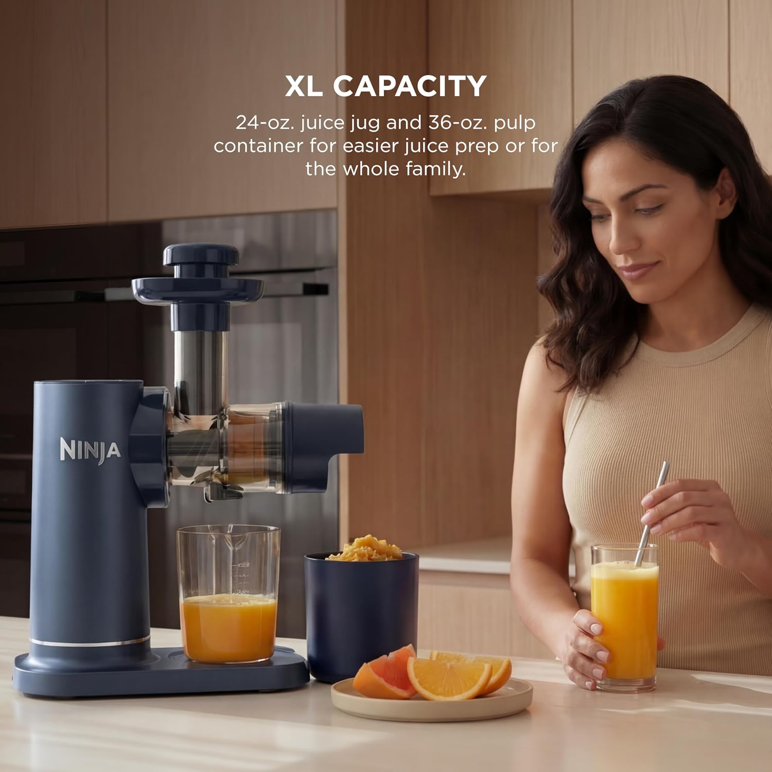 Ninja NeverClog Cold Press Juicer | Powerful Electric Slow Masticating Juicer with Pulp Control | XL Capacity | 24 oz. Juice Jug & 36 oz. Pulp Container | Dishwasher Safe | Navy | 150W | JC151NV