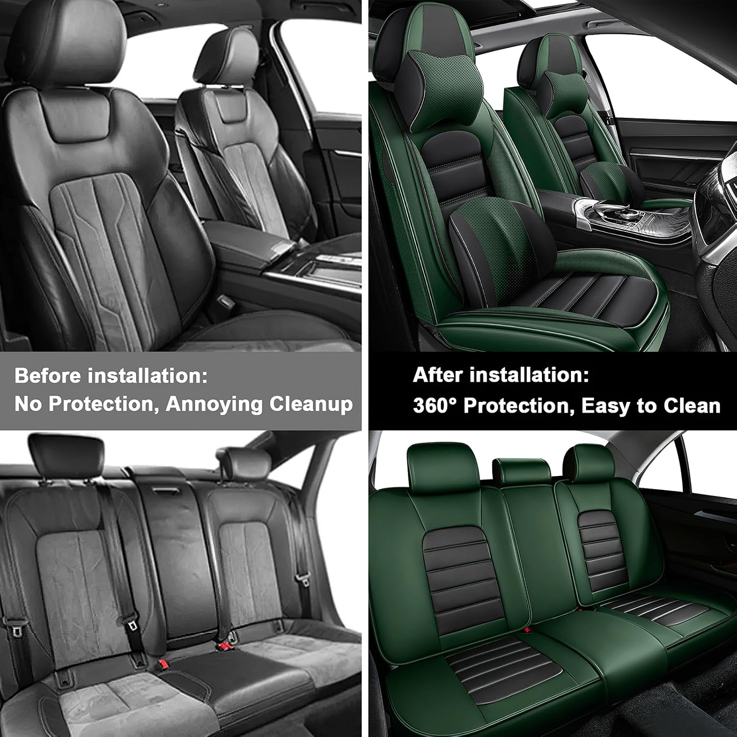 5 Car Seat Covers for Subaru Outback 2000-2026 Breathable Leather,Waterproof Car Seat Protectors with Comfort Headrest Pillows,Automotive Vehicle Cushion with Storage Pockets (Luxury,Green)