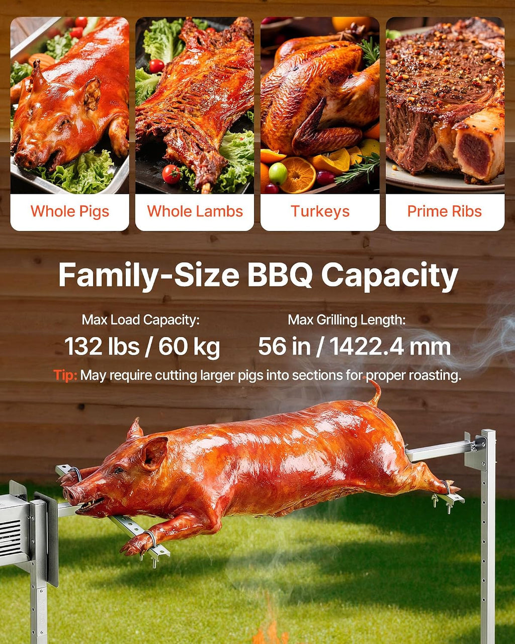 VEVOR Rotisserie Grill, 56in Electric Rotisserie Grill Kit 8 Level Height, BBQ Grills Rotisseries Kit with 132 lbs Load Capacity, Asador de Puerco, Stainless Steel Automatic Grilling Kits for Parties