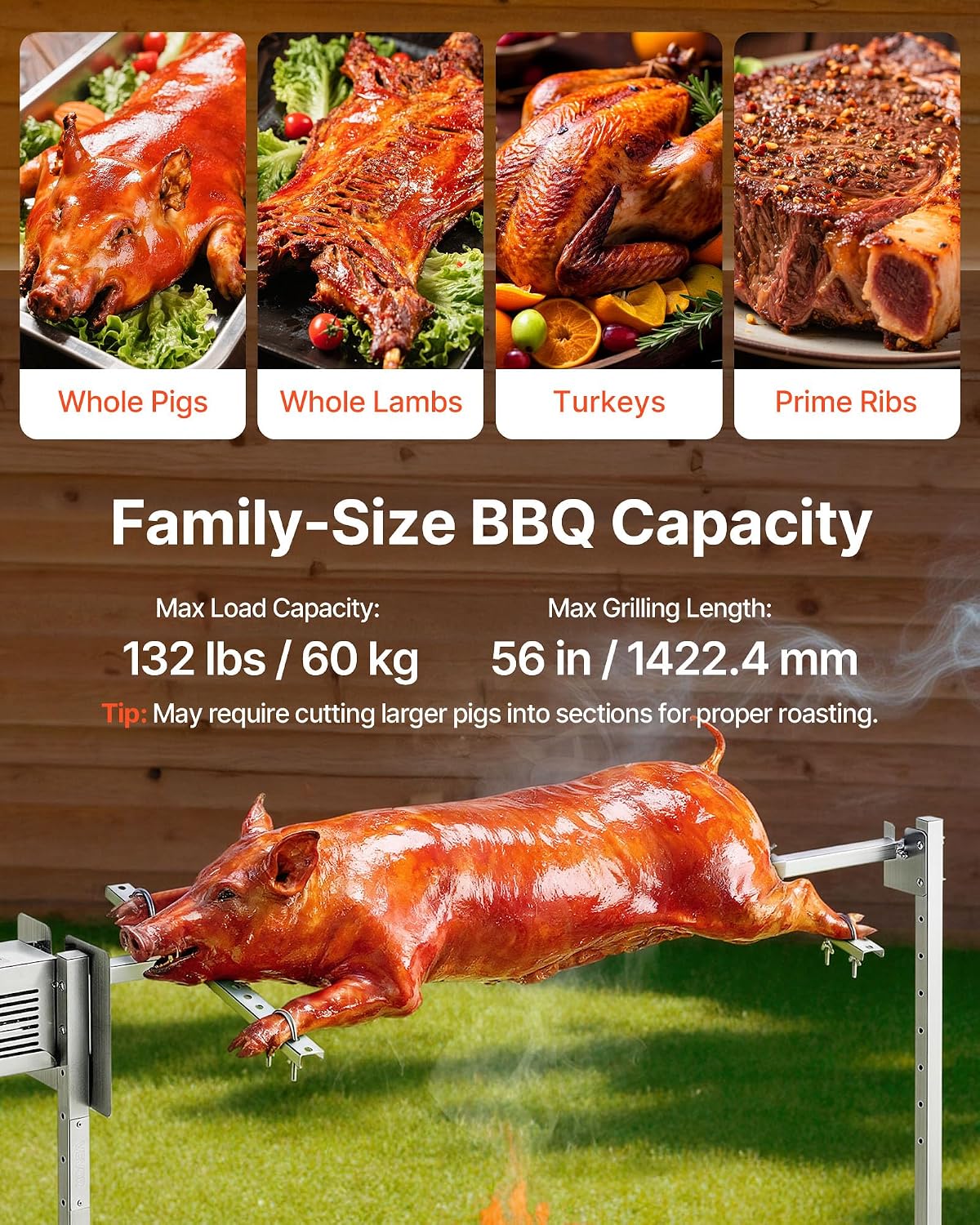 VEVOR Rotisserie Grill, 56in Electric Rotisserie Grill Kit 8 Level Height, BBQ Grills Rotisseries Kit with 132 lbs Load Capacity, Asador de Puerco, Stainless Steel Automatic Grilling Kits for Parties