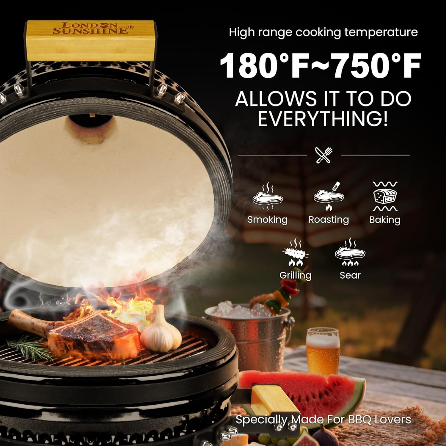 Upgraded 13 inch Ceramic Kamado Grill with Waterproof Air Vent Cap | Portable Tabletop Charcoal BBQ Grill Smoker for Outdoor Cooking, Patio, Camping | Black