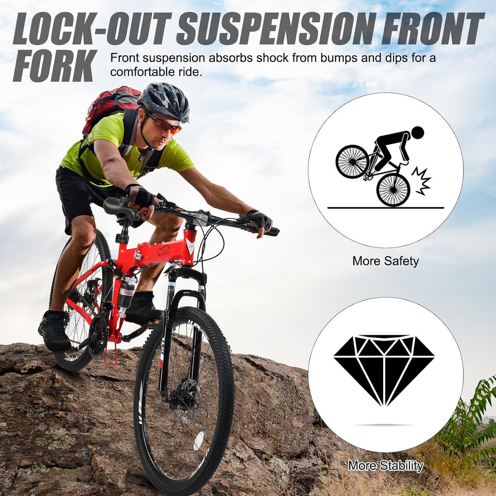 CamPingSurvivals 24/26/27.5 Inch Foldable Bikes for Adults 21 Speed Mountain Bike, Adult Bicycle with High Carbon Steel Frame, Full Suspension, Dual Disc Brake & Adjustable Ergonomic Seat(Black/Red)