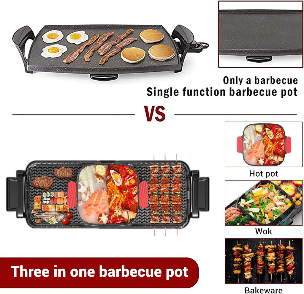 Barbecue Hot Pot 2 In 1, Indoor Korean BBQ, Dual Control Shabu Shabu, Hot Pot with Grill, Multifunction Smoke Free Stove Portable with Free Spoons, Brushes, Pliers, Strainer Scoops 110v.