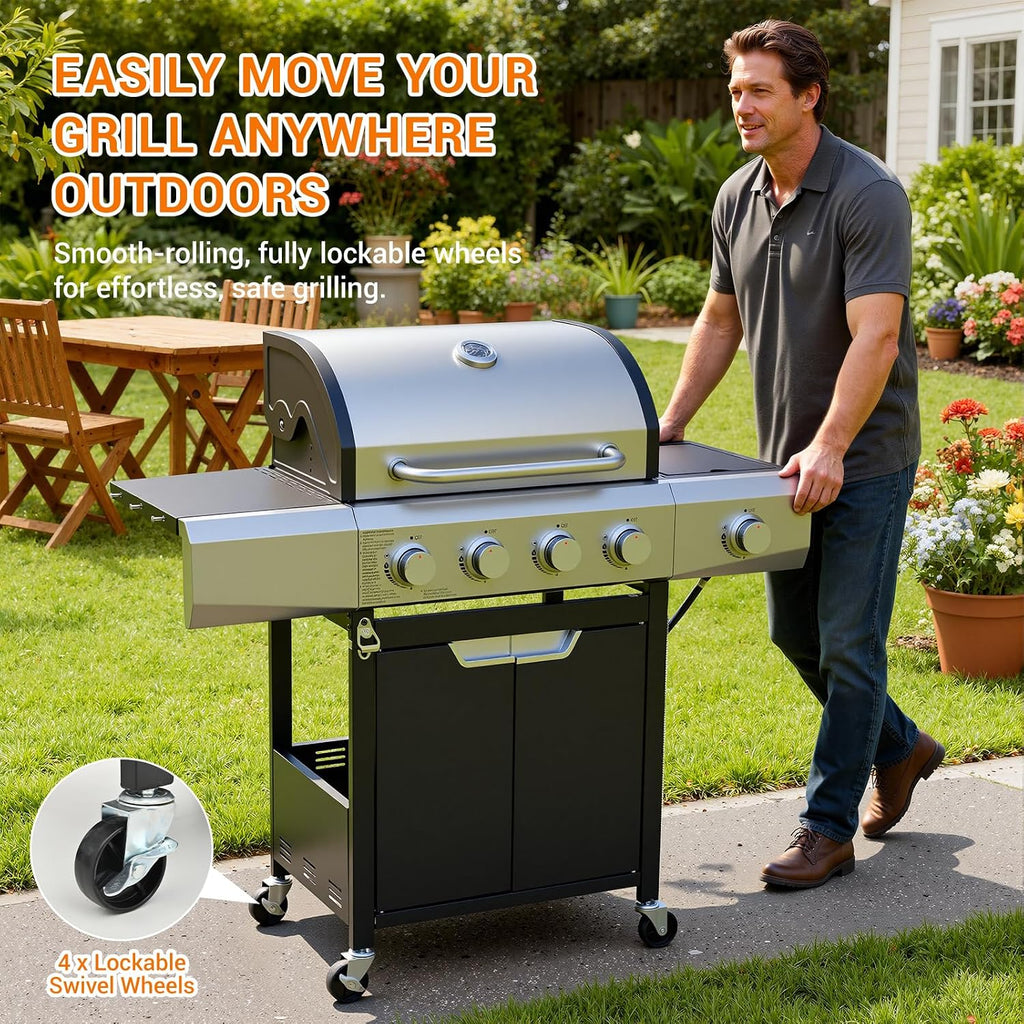 EUHOME 4-Burner Gas Grill with Side Burner & Cover, 51000 BTU Stainless Steel Outdoor BBQ Grill, 452 sq.in Cooking Area, Ideal for Backyard, Patio Large Gatherings