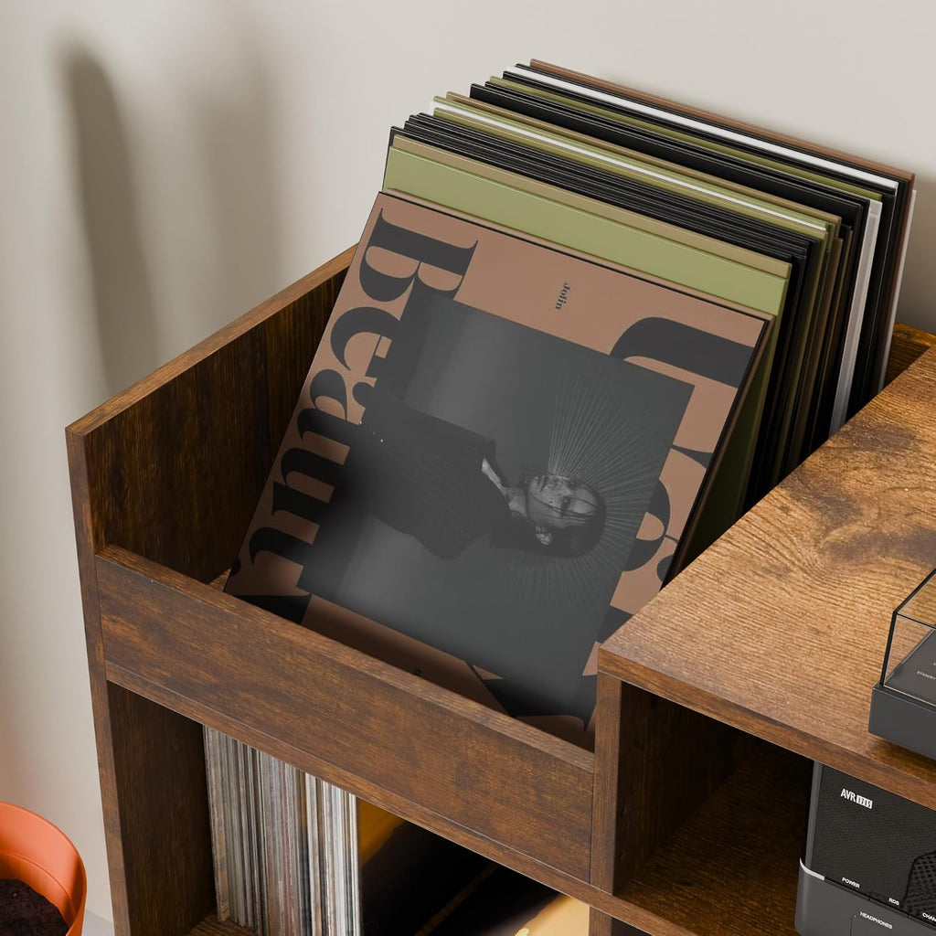 Cozy Castle Large Record Player Stand with Vinyl Storage Cabinet, Wood Turntable Table Open Shelf Holder Up to 500 Albums Cube Storage Organizer for Living Room, Office, Rustic Brown
