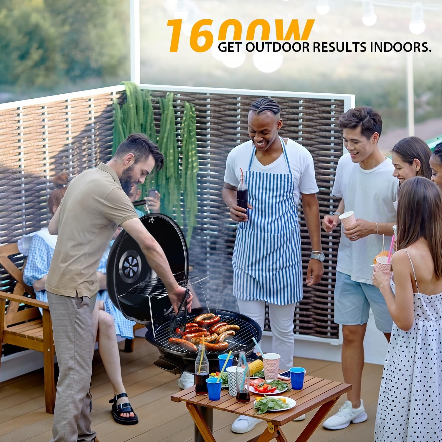 Electric Grill, Techwood Indoor/Outdoor Electric BBQ Grill, 1600W Portable Removable Stand Grill with Adjustable Heat & Drip Tray, Double Layer Design for Party, Patio & Backyard (Black)