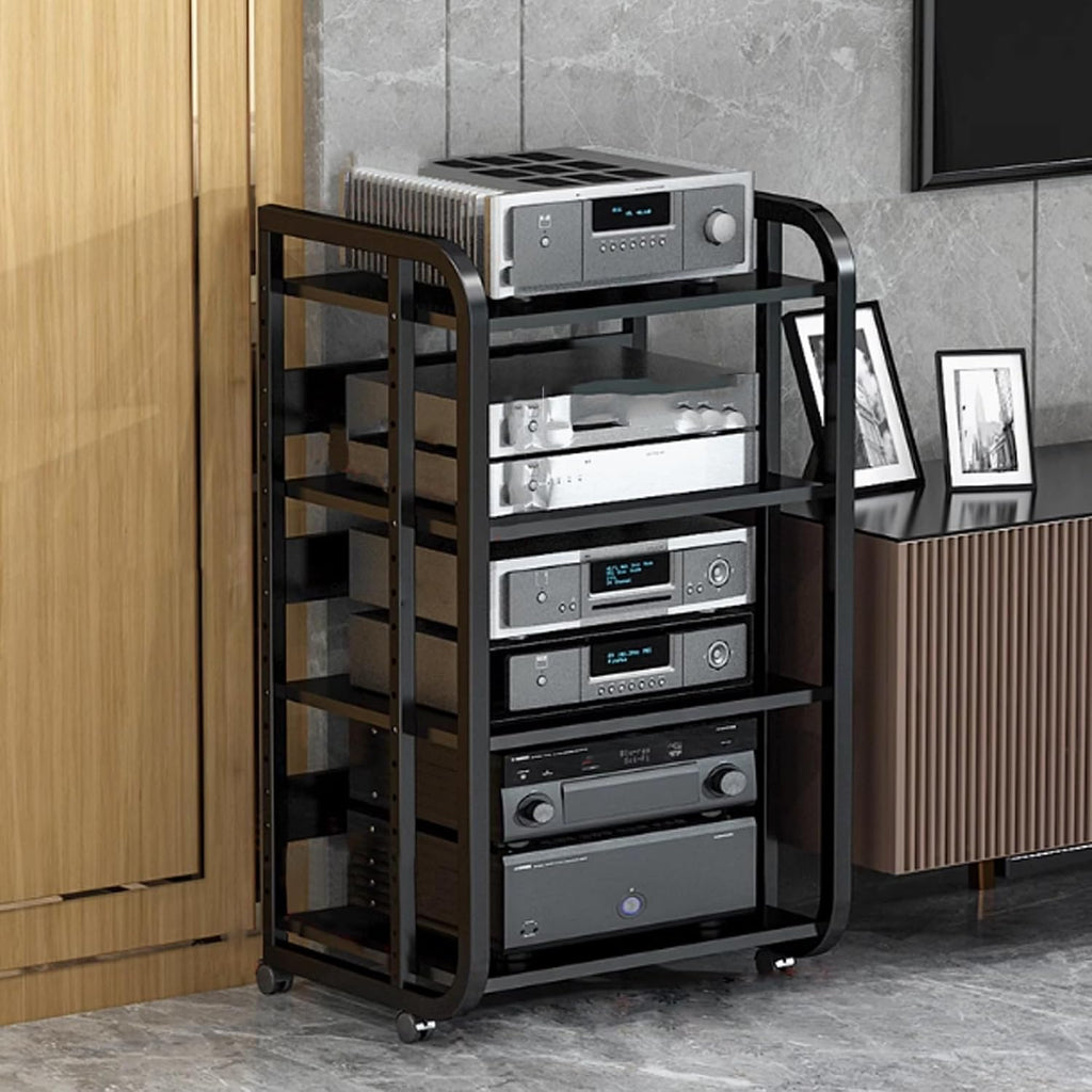 AV Media Stand - Audio Video Shelving Rack with Wheels, Open Storage for Stereo Equipment, Media Console for Home, Office, Theater & Recording Room (Black, 50x42.5x90cm)