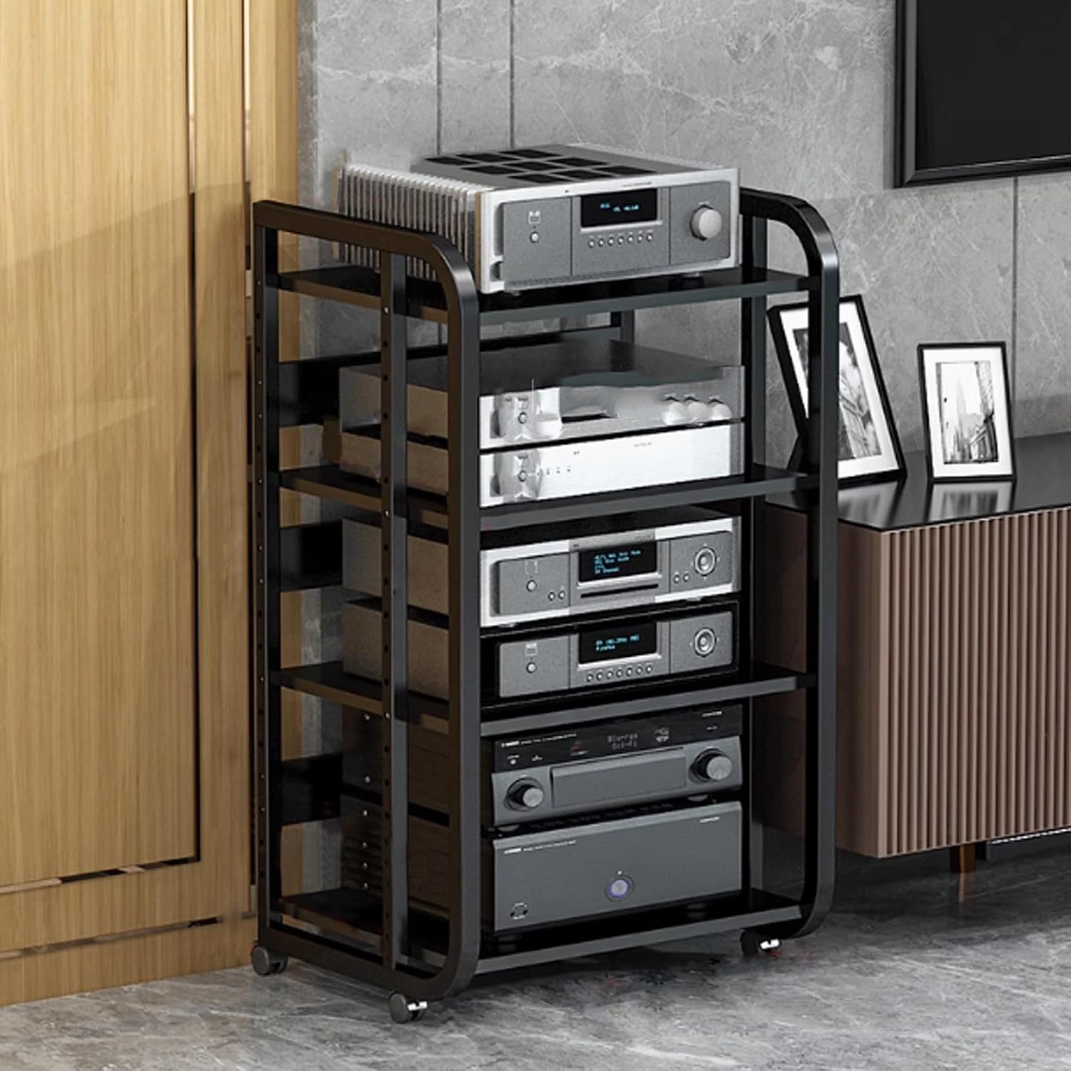 AV Media Stand - Audio Video Shelving Rack with Wheels, Open Storage for Stereo Equipment, Media Console for Home, Office, Theater & Recording Room (Black, 50x42.5x90cm)