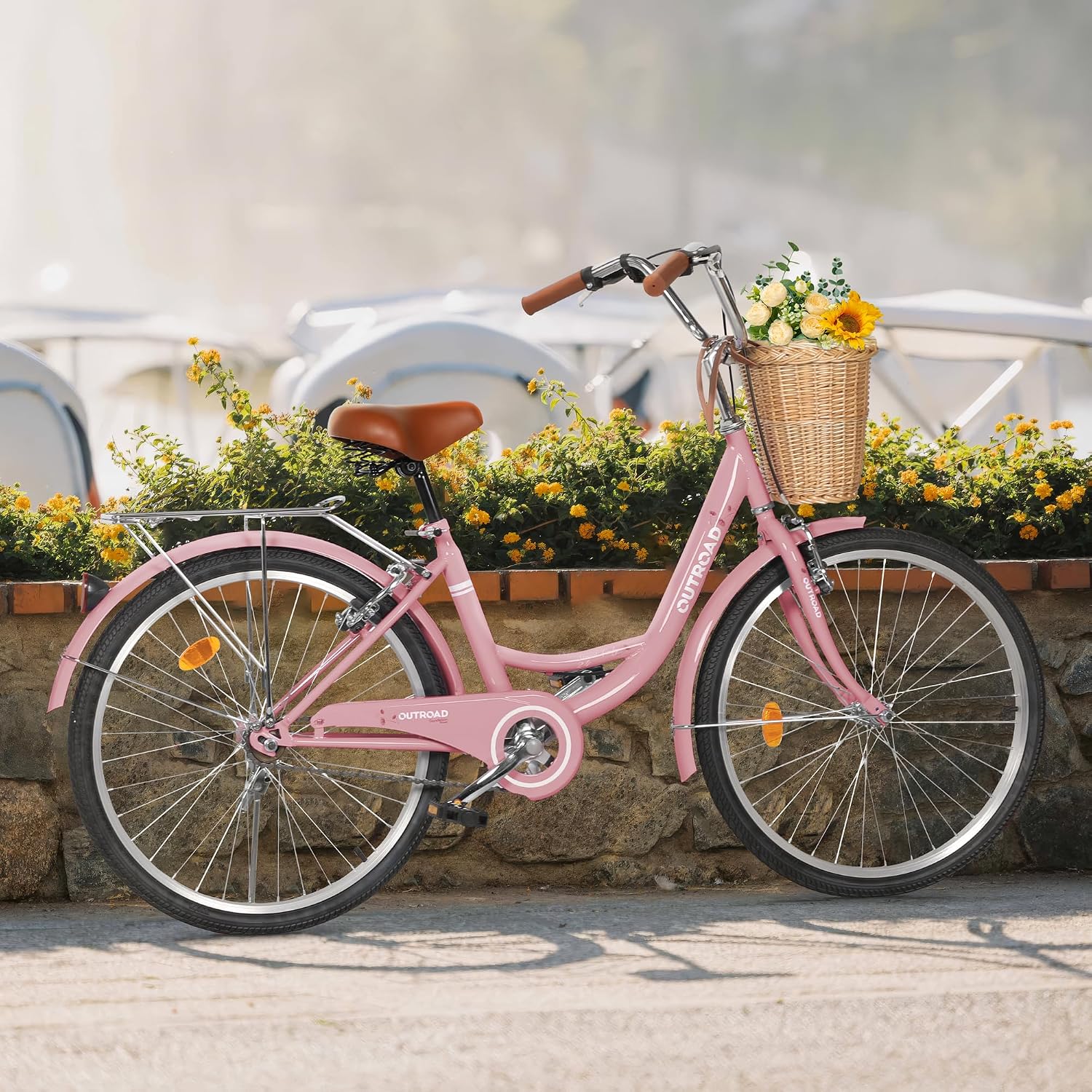 Outroad Beach Cruiser Bike, 24/26 inch Commuter Bicycle for Adult and Women,High-Carbon Steel Comfortable City Bikes with Rear Rack and Basket, (Black/Pink/White/Green/Purple)