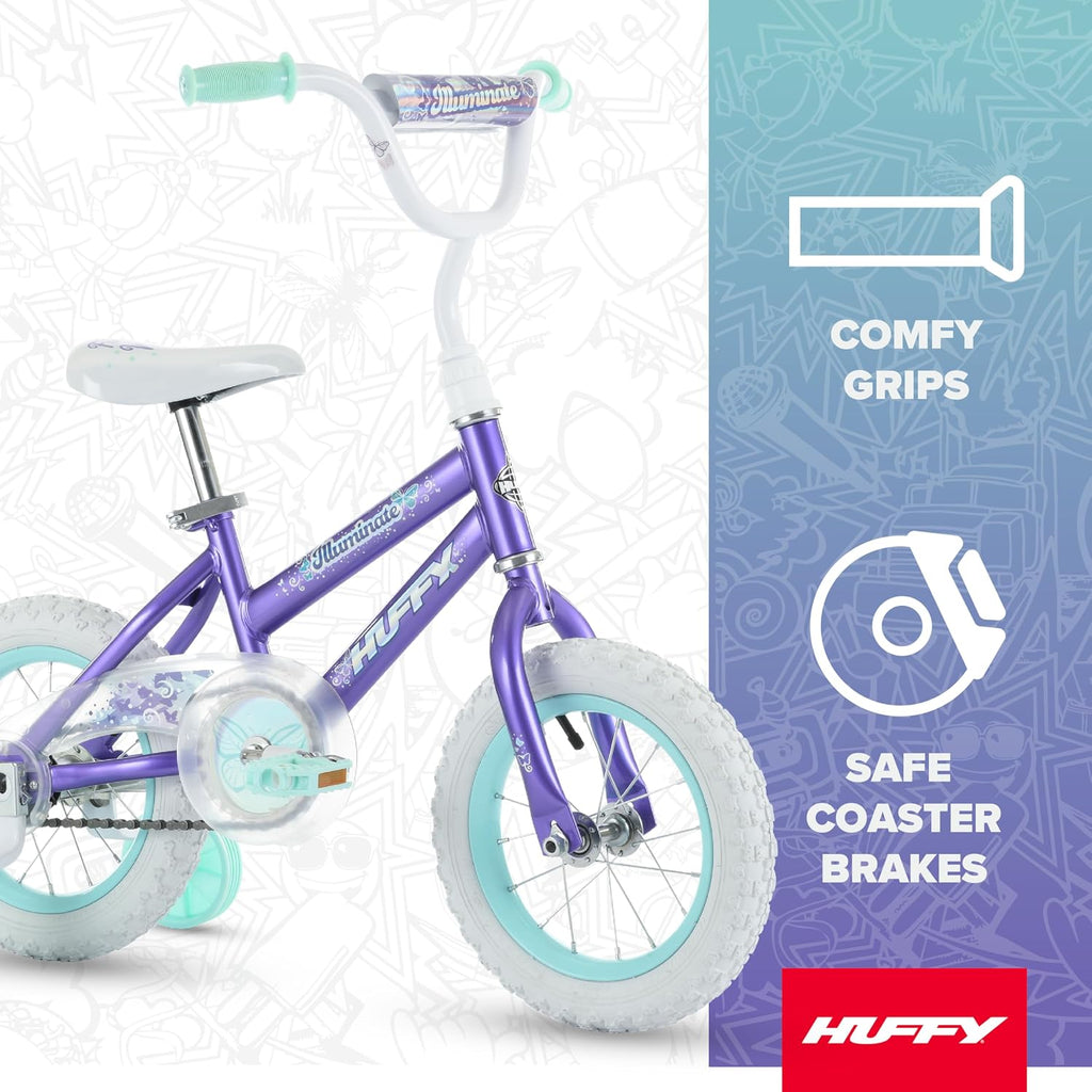 Huffy Illuminate Bike for Girls, 12/16/20 Inch Size Options, Ages 3+ Years Old, Removable Training Wheels (12' and 16' Only), Multiple Color Options, Easy Assembly, Adjustable Seat, Durable