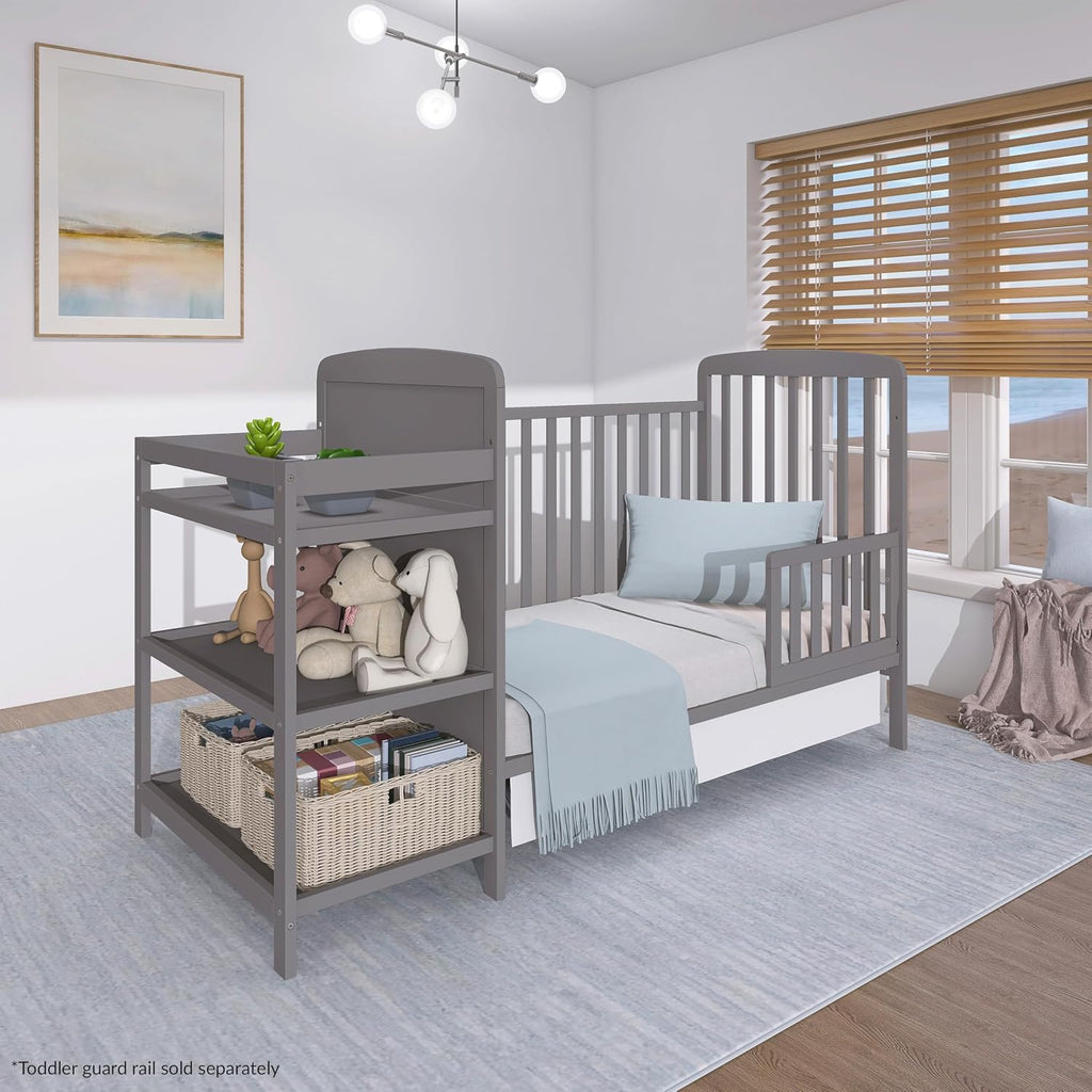Dream On Me Anna 3-in-1 Convertible Full-Size Baby Crib & Changer with Storage in Steel Grey, GreenGuard Gold & JPMA, Pinewood, Converts to Day & Toddler Bed, 3 Mattress Heights, 1″ Changing Pad