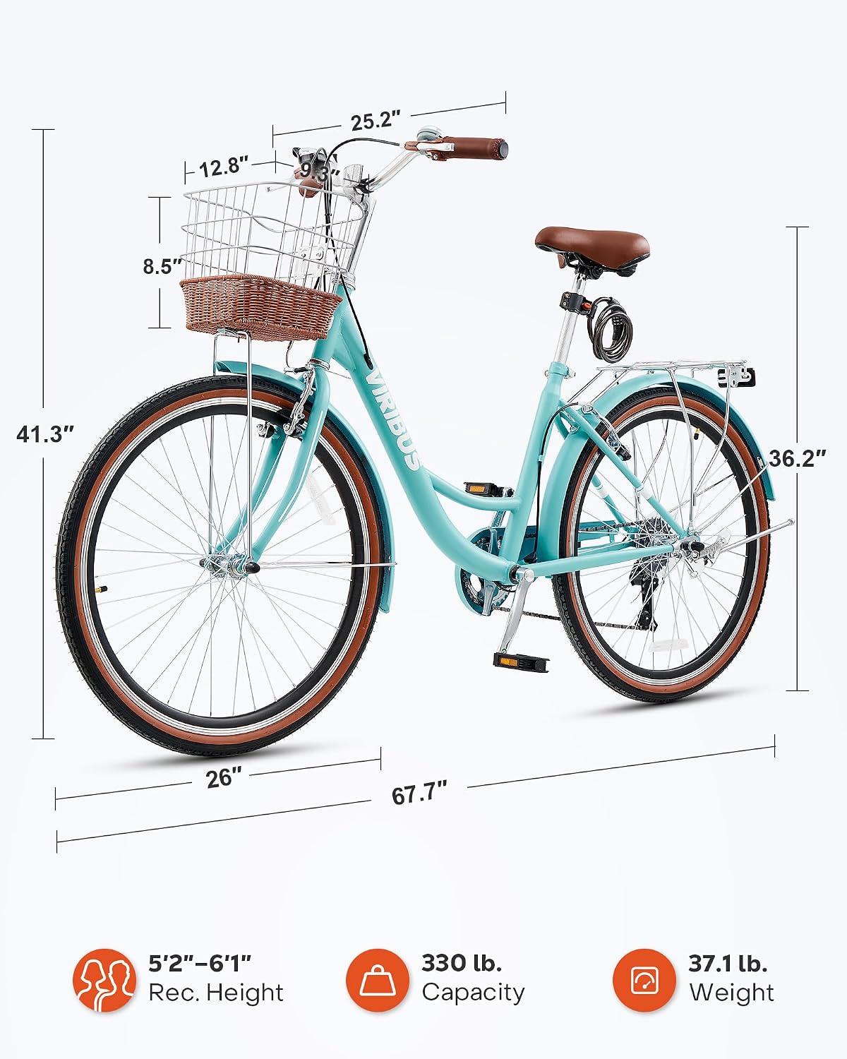 VIRIBUS Womens Cruiser Bike, 7 Speed Beach Cruiser Bike for Women, 26 inch Women Bicycle with Rattan Basket, City Commuter Vintage Retro Step Through Bicycle for Female Ladies Seniors, 330 Lb.
