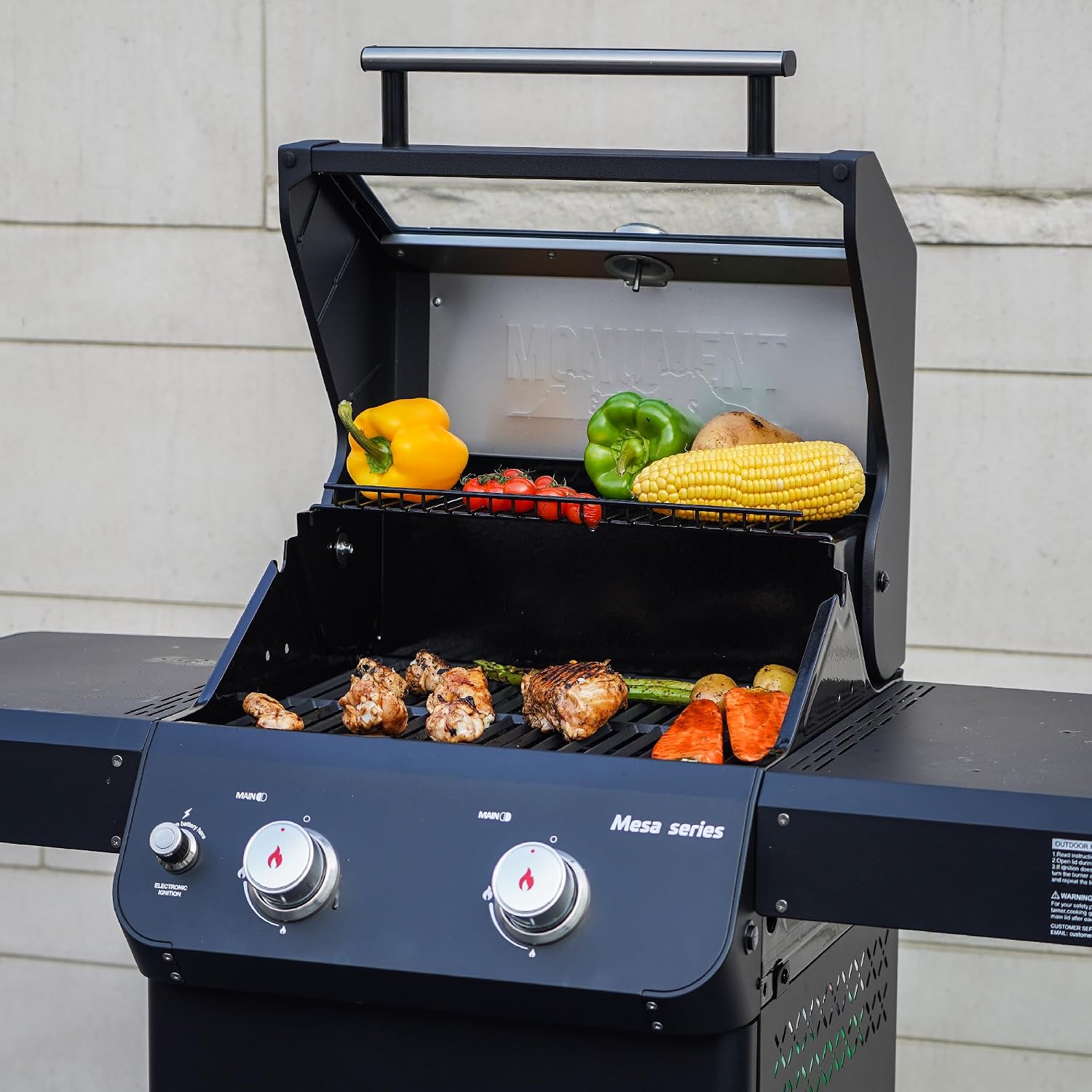 Monument Grills 2-Burner Stainless Steel Liquid Propane Gas Grill, Two Foldable Shelves Patio Garden Barbecue Grill with Clearview® Lid, Knob Control Mesa220, Black