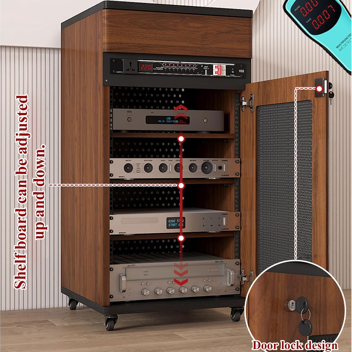 Professional 12/16/20U Audio Rack On Wheels - Heavy Duty Studio & Home Theater Equipment Cabinet for KTV,Amplifier, AV Receiver Rack(Walnut,3 Tier)