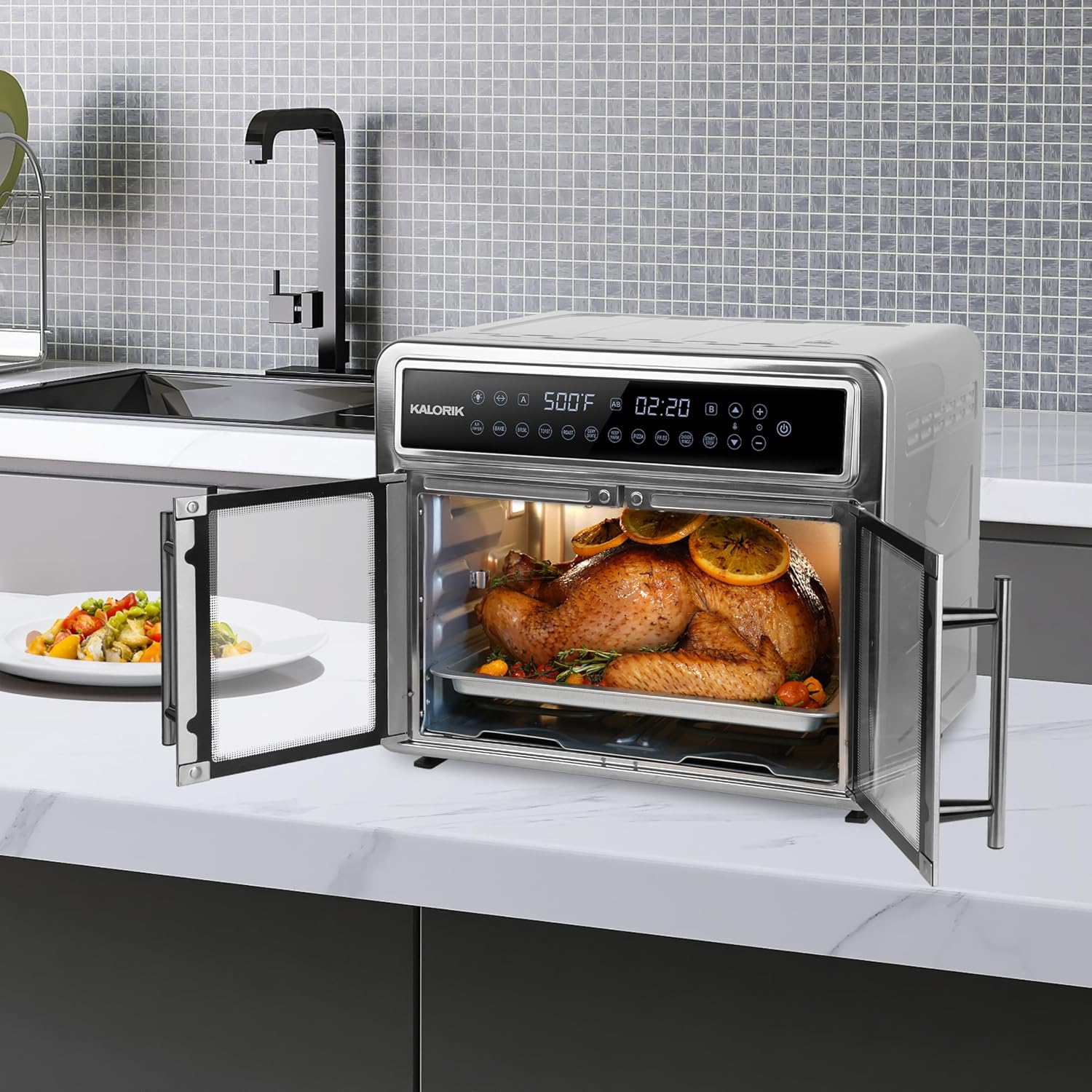Kalorik Air Fryer Oven MAXX Series 26-Quart Flex Trio with Digital Controls Easy-View Door and 14 Cooking Presets, Converts into Dual 13 Quart Air Fryers, 1700-Watts, Stainless Steel