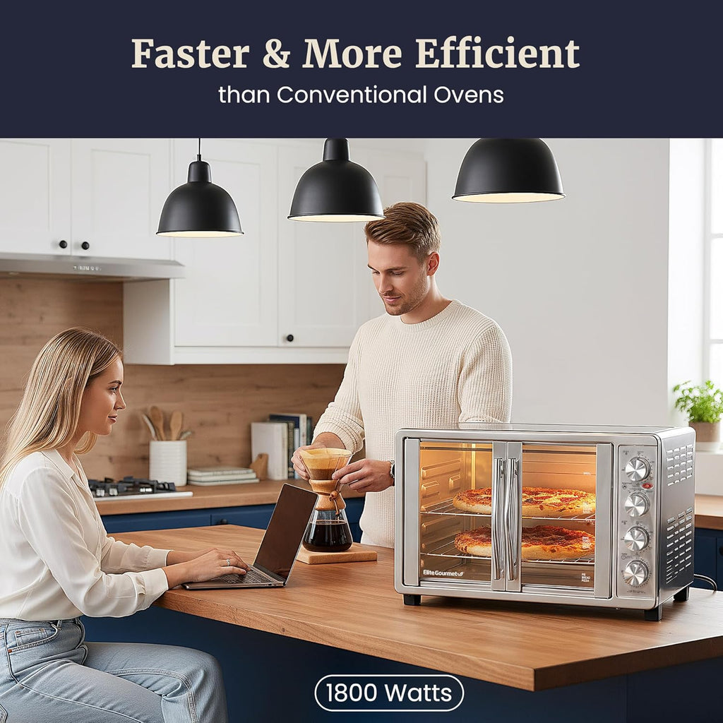 Elite Gourmet ETO4510B# French Door 47.5Qt, 18-Slice Convection Oven 4-Control Knobs, Bake Broil Toast Rotisserie Keep Warm, Includes 2 x 12' Pizza Racks, Stainless Steel