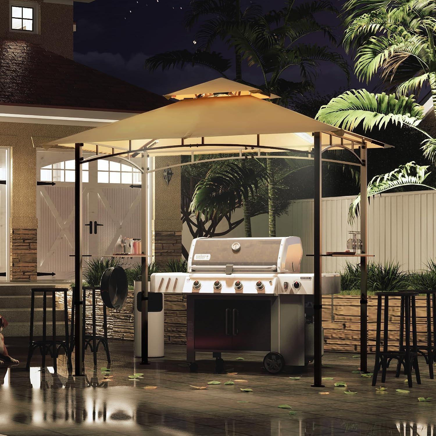 MASTERCANOPY 8 x 5 Grill Gazebo Outdoor BBQ Gazebo Canopy with 2 LED Lights (Khaki)