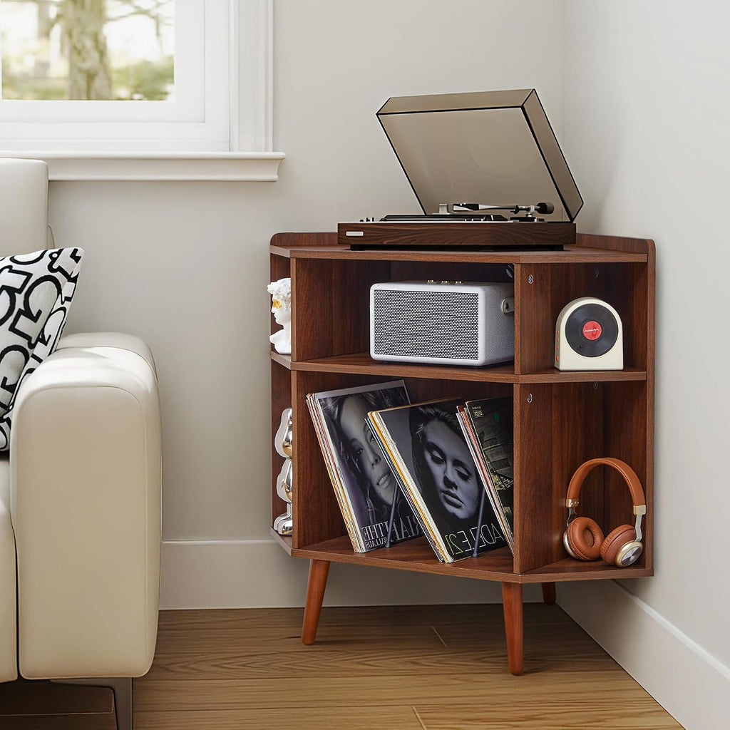 Corner Record Player Stand with Charging Station & USB Ports, 3 Tier Mid Century Modern Vinyl Record Storage Cabinet, Wood Turntable Stand for Music Room, Living Room, Small Space