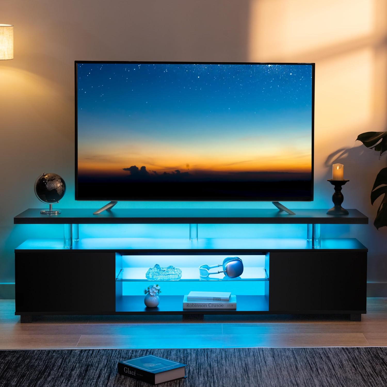 Cubehom Black TV Stand,Glass TV Stands for Living Room,TV Stand for 75+ inch TV,Long TV Cabinet for Living Room,Bedroom,Home Office