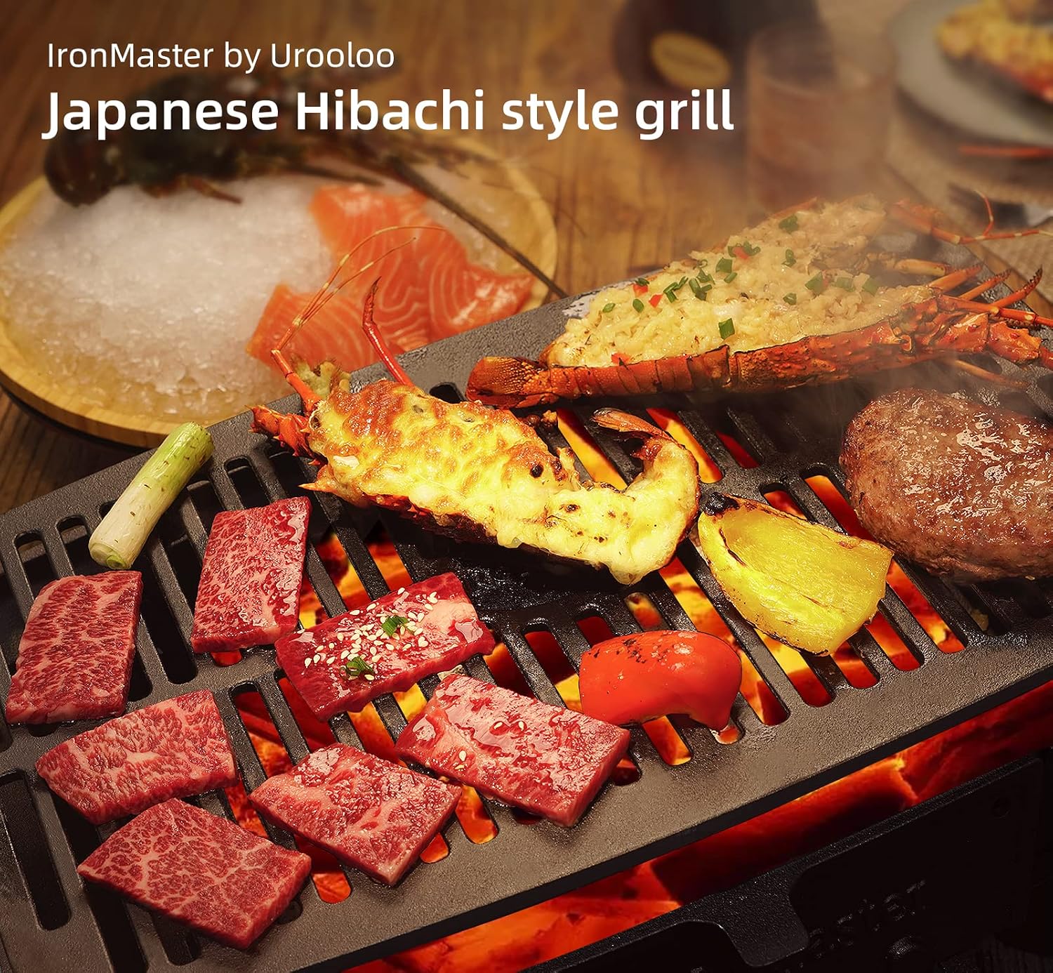 IronMaster Hibachi Grill Outdoor - Small Portable Charcoal Grill, 100% Cast Iron, Japanese Yakitori Tabletop Camping Grill - Cooking Grate Surface 17' x 10.5' for 5-8 People