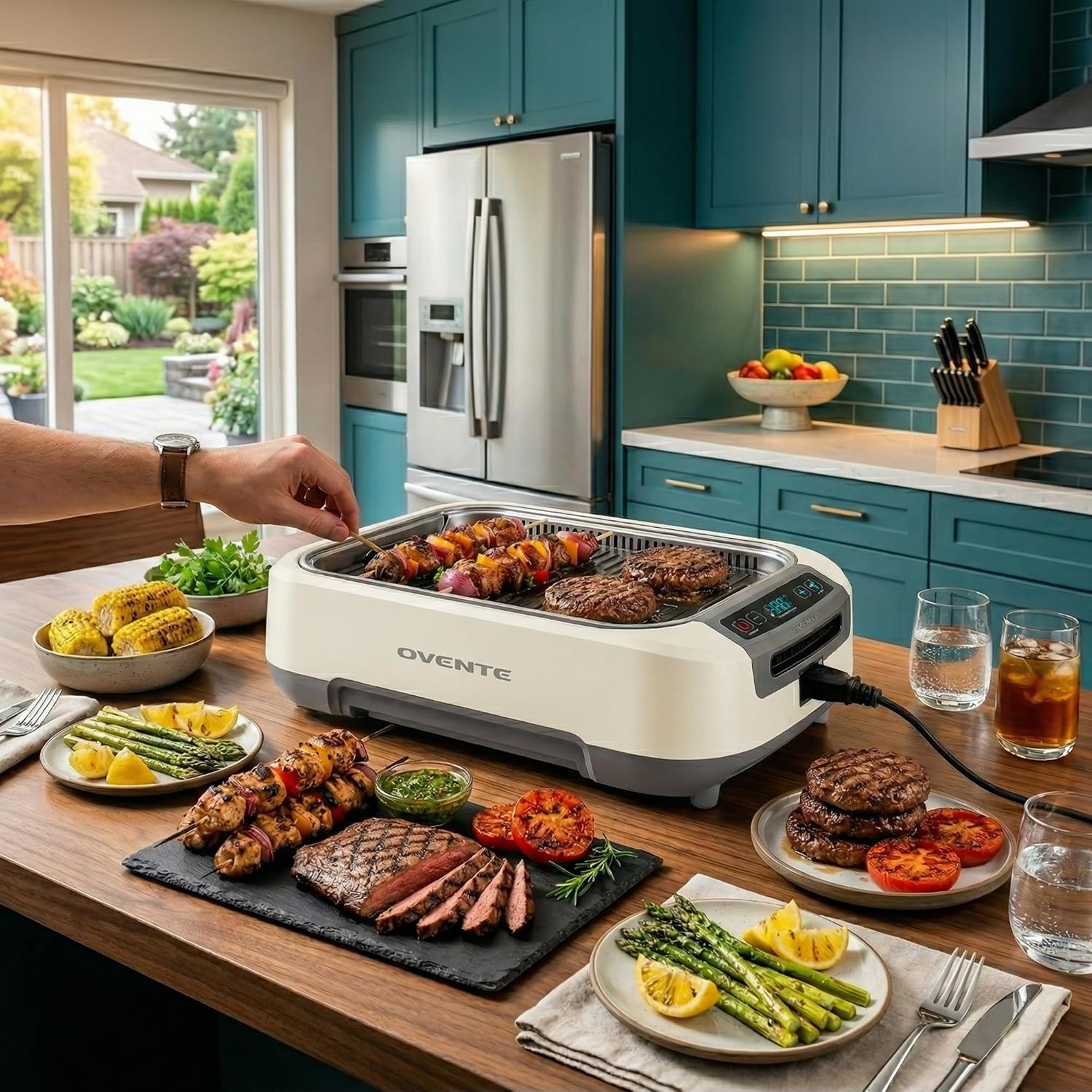 OVENTE Smokeless Indoor Grill, 1500W Electric Portable Korean BBQ Grill with One-Touch Control, LED Smart Display, Tempered Glass Lid, Two Removable Non-Stick and Dishwasher Safe Plates, White SGR85W