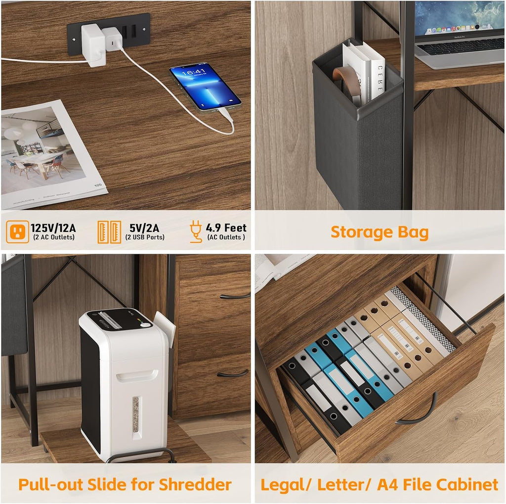 Printer Stand with Storage, 49.2' × 37.8' 3-Tier 3D Printer Table with 2 Drawers, Charging Station & LED Lights, Side Organizer Basket, Rolling Printer Cart for Scanner Fax Office, Rustic Brown