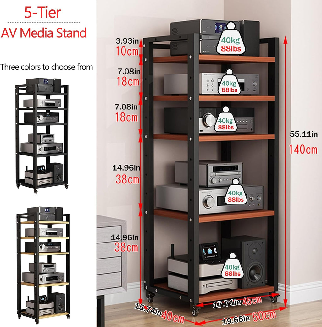 Modern Media Storage Cabinet for Audio and Video Equipment, Adjustable 5/6/7 Shelves AV Stand, Entertainment Organizer for Home, Office, and Theater (Wood Finish)
