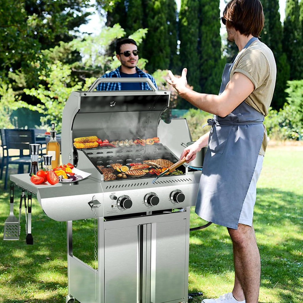 Electactic 3-Burner Propane Gas Grill with Side Burner – 34,000 BTU Stainless Steel Outdoor BBQ Grill, Cast Iron Grates, Portable with Wheels for Patio, Camping