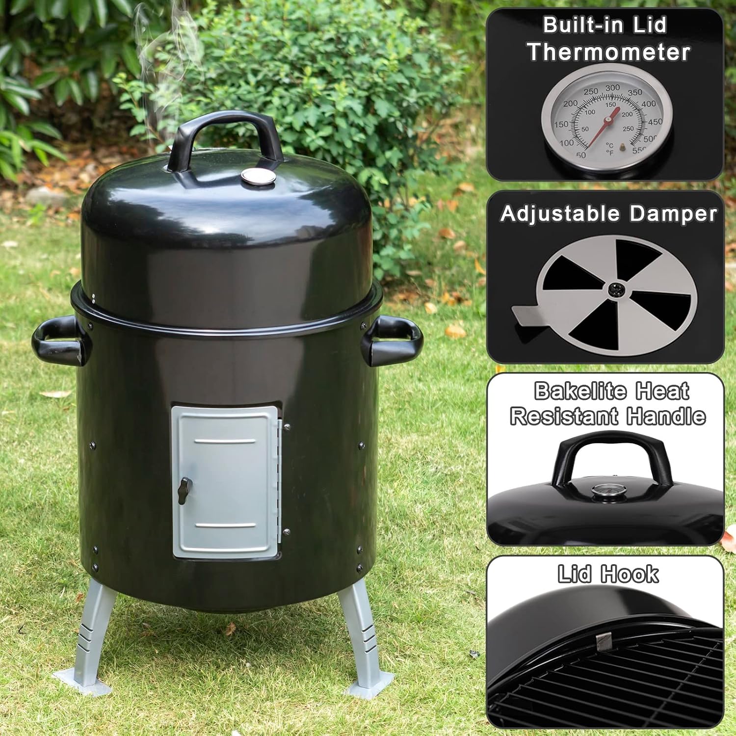 Sophia & William 17' Vertical Charcoal Smoker Grills with Two-Tier Grates, Heavy-Duty Integral Chamber and Tunnel Ventilation System for BBQ, Patio, Outdoor Camping(Black)
