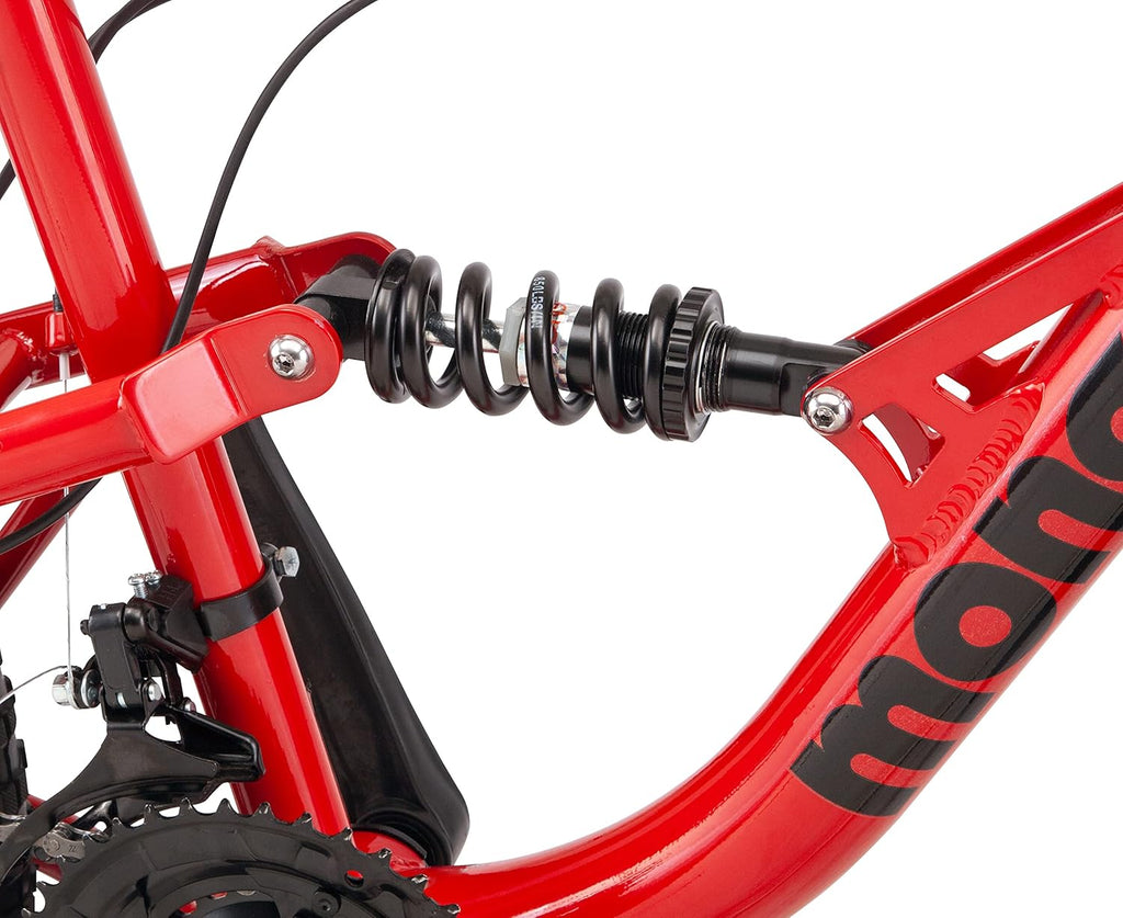 Mongoose Status Mountain Bike, 27.5 Inch Bike for Men and Women, 21 Speed, Aluminum Suspension Frame, Steel Rear Triangle, Dual Suspension, Knobby Mountain Tires, Mechanical Disc Brakes, Adult Bicycle