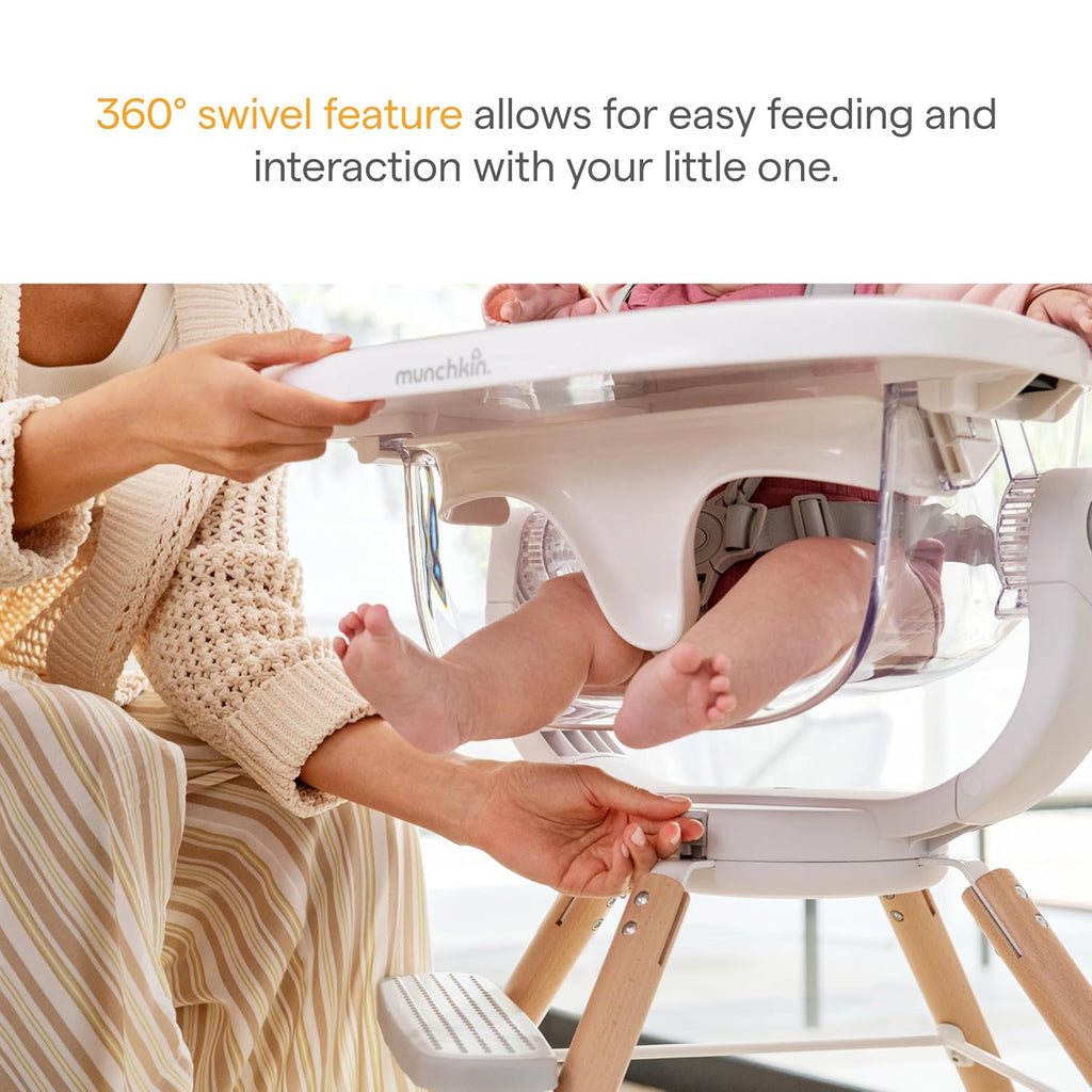 Munchkin® 360° Cloud™ Baby and Toddler High Chair with Clear Seat and 360° Swivel, White and Grey with Wooden Legs