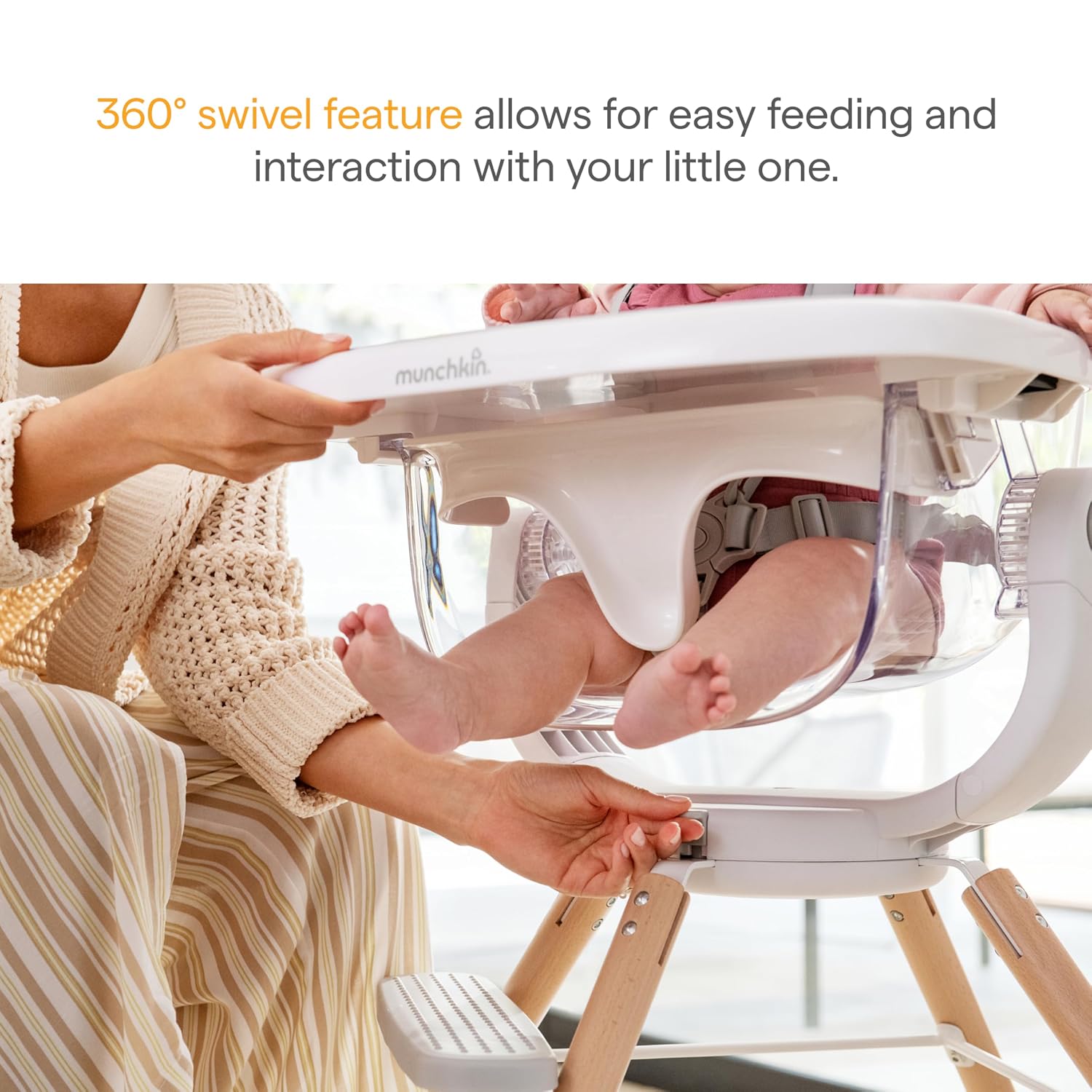 Munchkin® 360° Cloud™ Baby and Toddler High Chair with Clear Seat and 360° Swivel, White and Grey with Wooden Legs