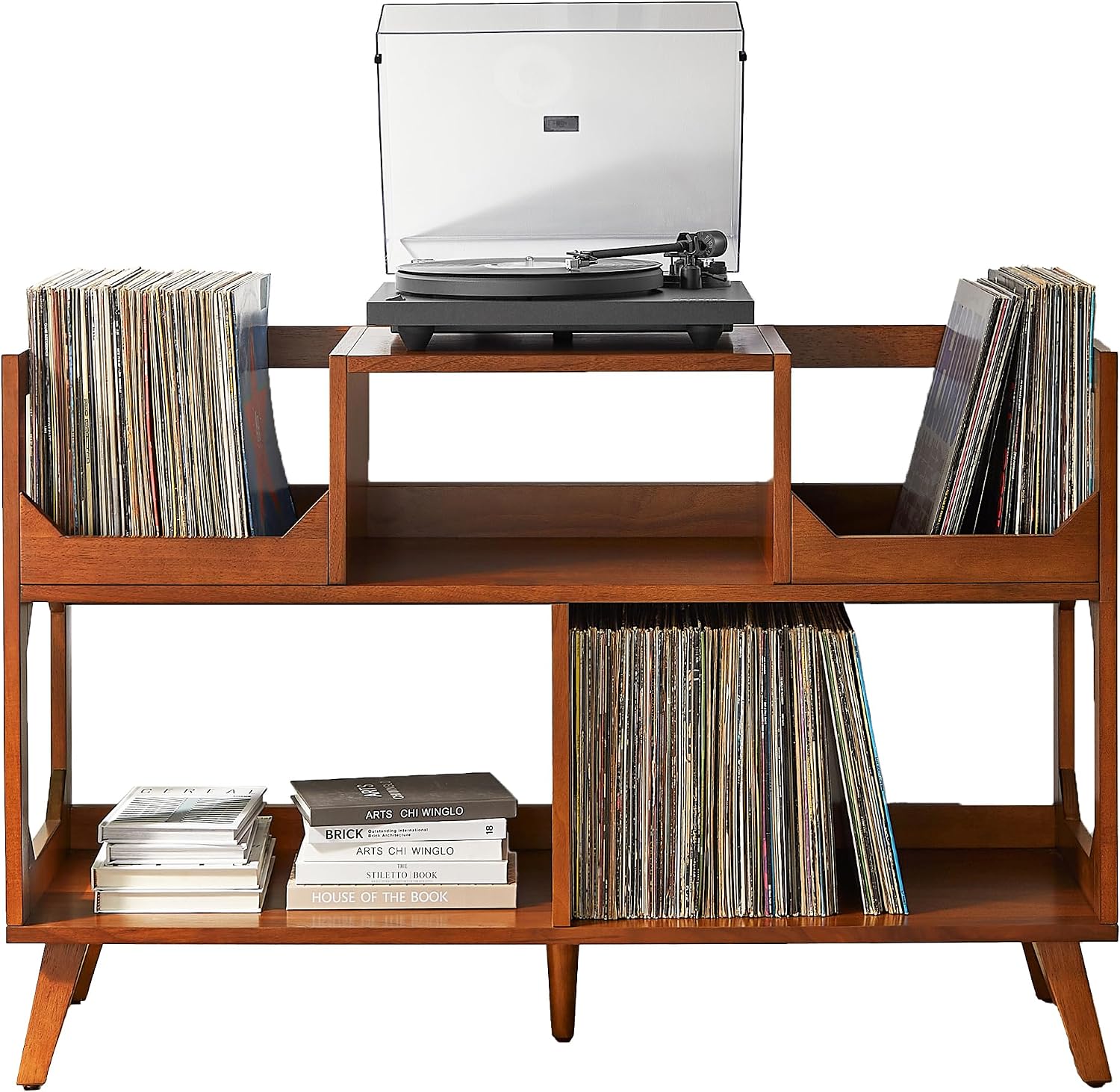 Crosley Furniture Asheville Mid-Century Modern Media Console Record Player Stand, Storage for Vinyl Records, Large, Walnut