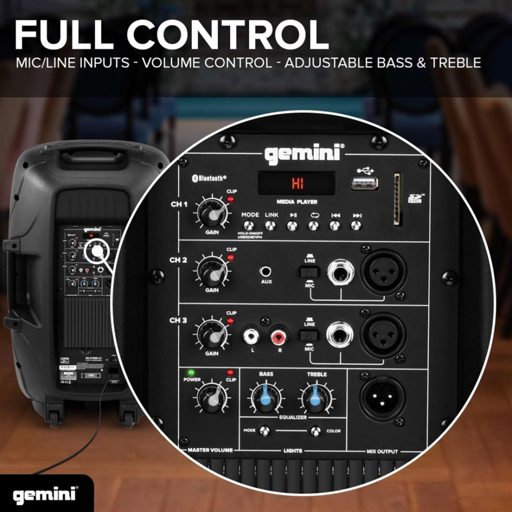 Gemini 120W Bluetooth PA Speaker w/Stand – 15' DJ Loudspeaker System with LED Lights, USB/SD/FM, Wireless Stereo Pairing, Mic, EQ, Remote & Pro Audio Inputs – Portable Party Sound (AS-2115BT-LT-PK)