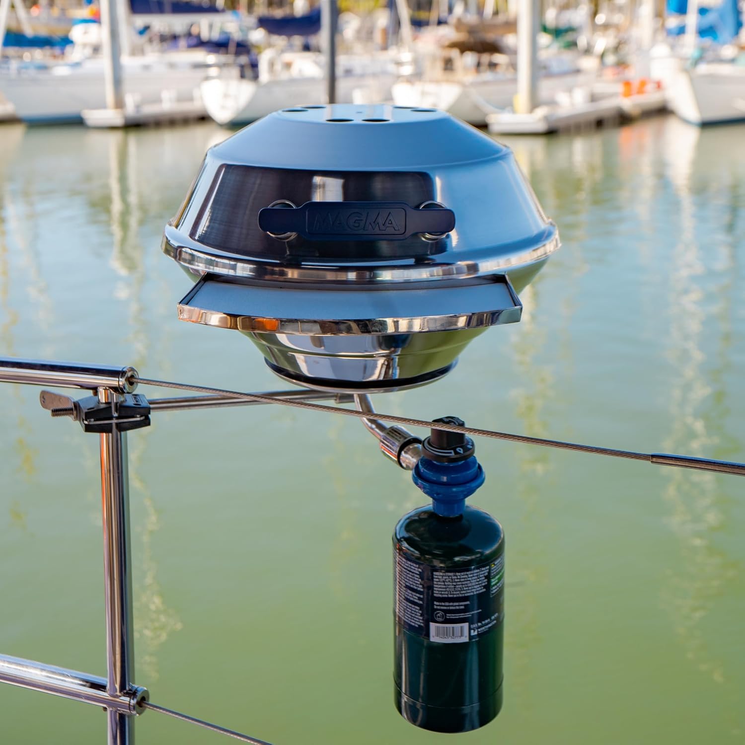 Magma A10-205 Marine Kettle Portable Gas Grill - Stainless Steel BBQ for Boats - Wind-Resistant Design, Safe Propane Connection, Stay Cool Handle - 15' Diameter