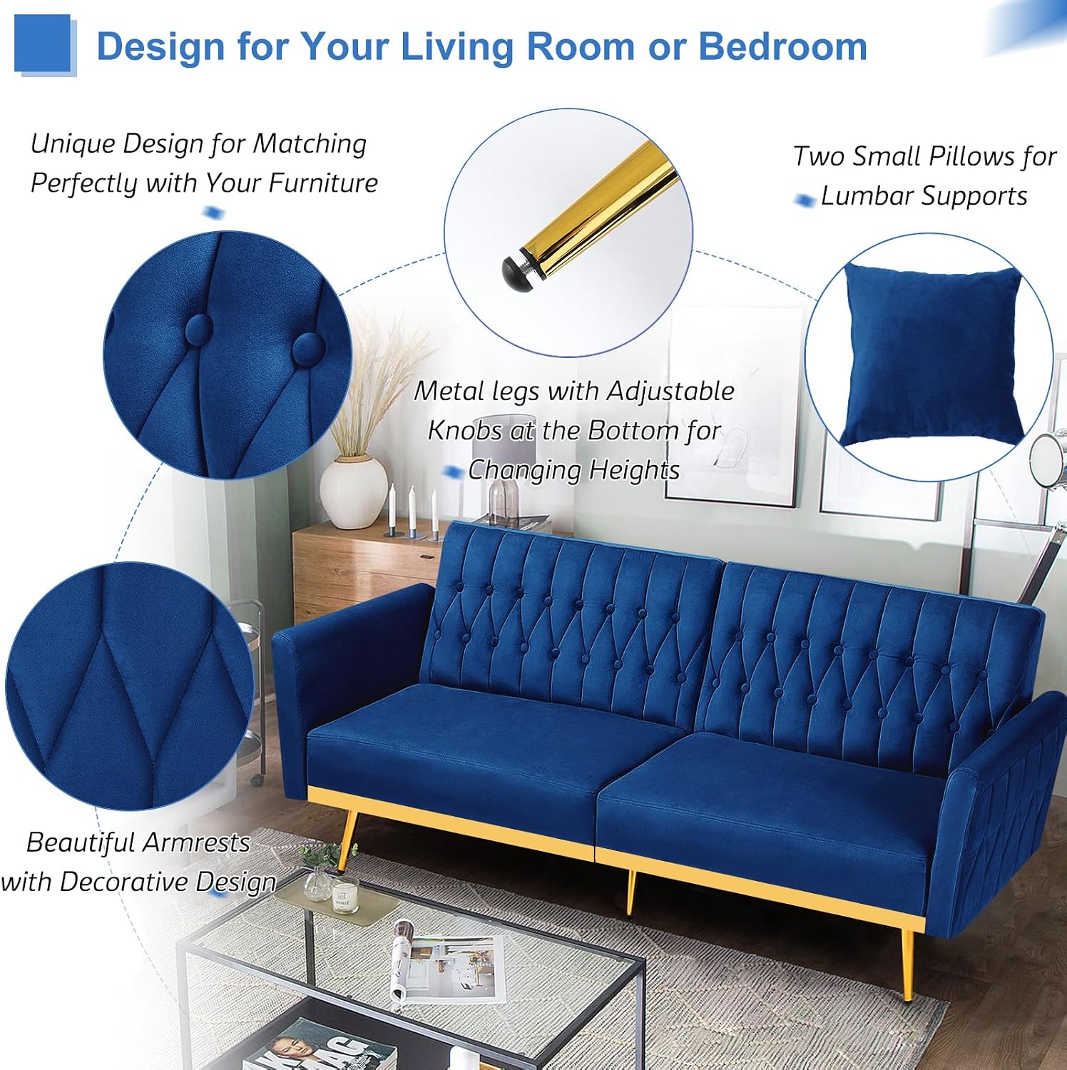 70' Velvet Futon Sofa Bed w/Adjustable Armrests and Backrest, Convertible Futon Couch w/2 Pillows, Modern Sleeper Bed for Living Room, Bedroom, Blue