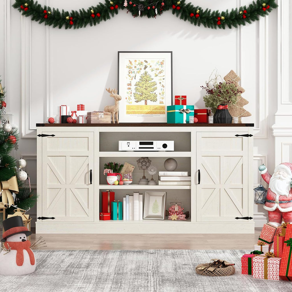 Hlivelood 66' Farmhouse TV Stand with Power Outlets for 75 Inch TVs, 33' Tall Entertainment Center with Storage Cabinets w/Adjustable Shelves, Rustic Large TV Media Console, Rustic White