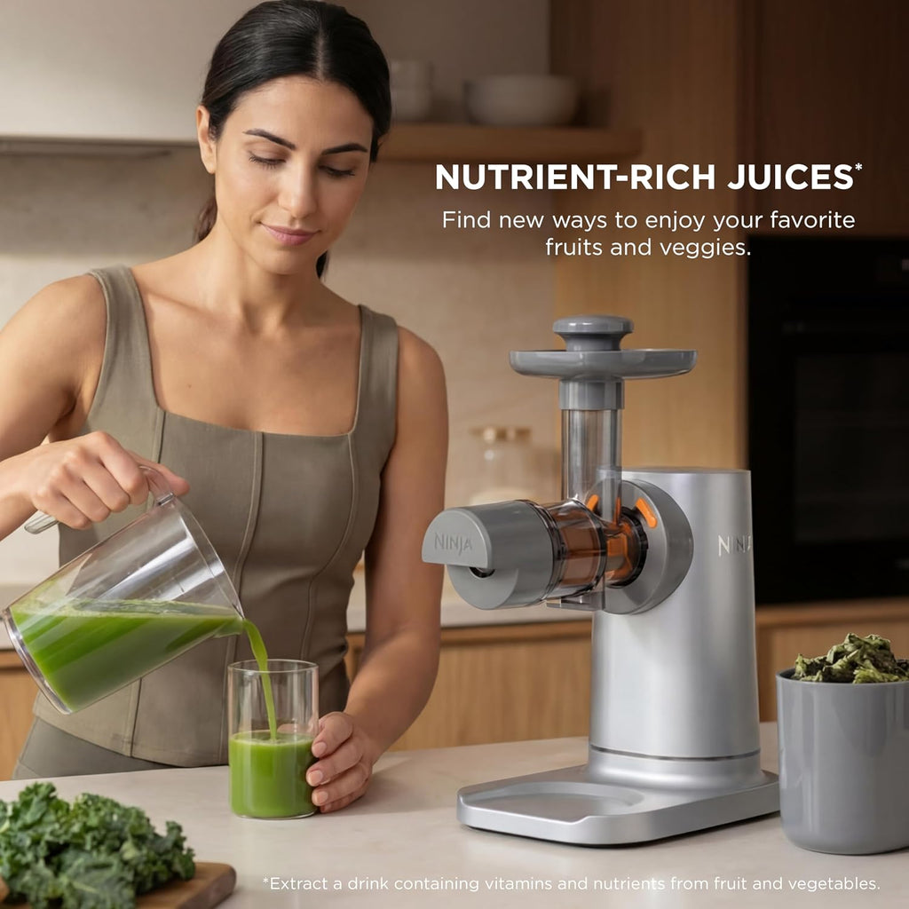 Ninja NeverClog Cold Press Juicer | Powerful Electric Slow Masticating Juicer with Pulp Control | XL Capacity | 24 oz. Juice Jug & 36 oz. Pulp Container | Dishwasher Safe | Gray | 150W | JC151SL