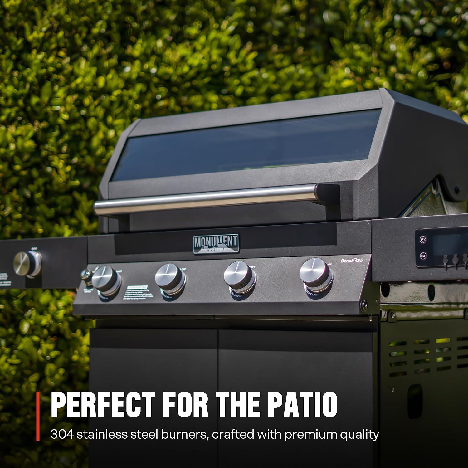 Monument Grills Denali Series, 4+1 Liquid Propane Gas Smart BBQ Grill, 4 Burners & 1 Side Burner Denali 425 with Smart Technology and Knob Controls, Black