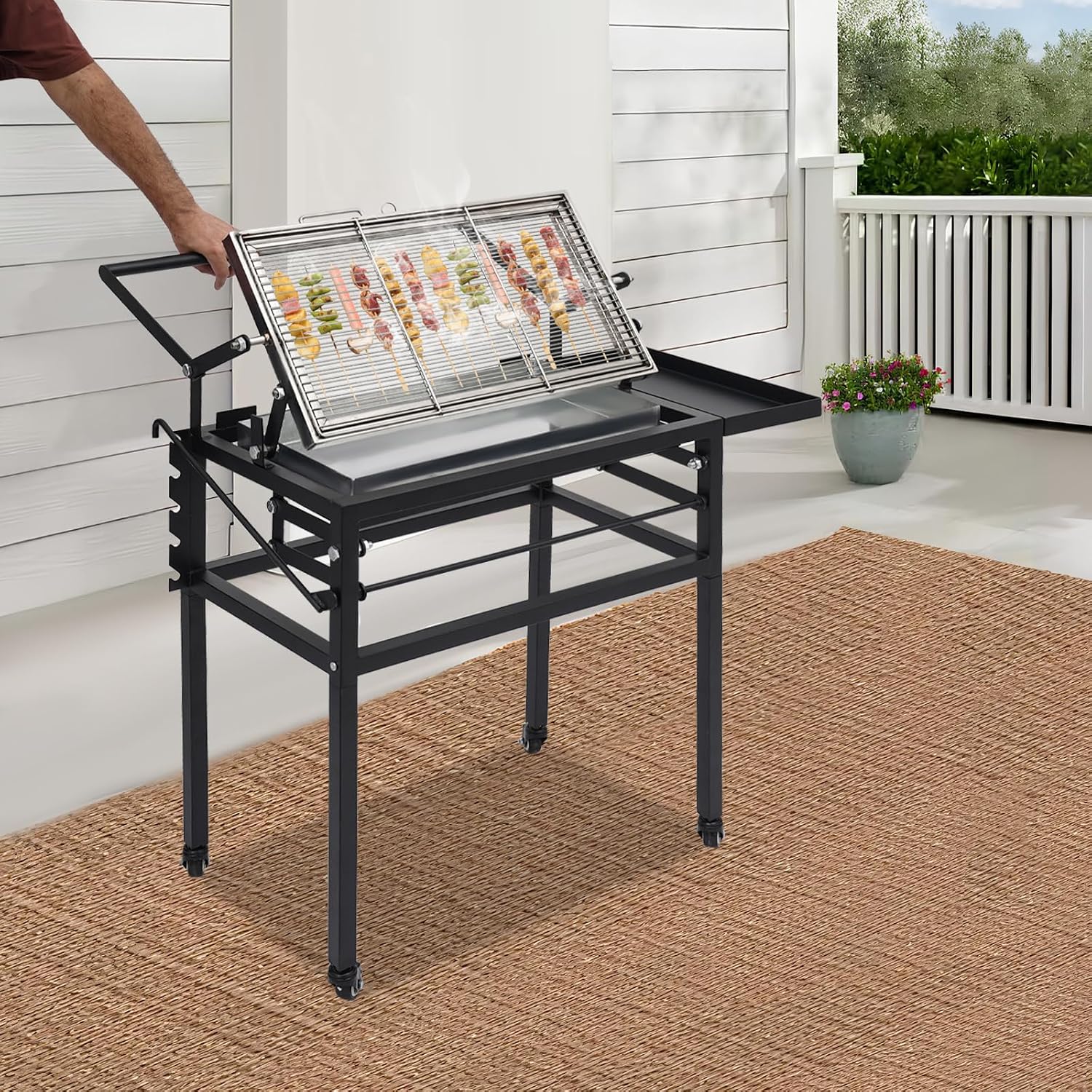 Vertical Charcoal Rotating Grill, Small Flip BBQ Grill with 360° Basket, Adjustable Height, Removable Legs, Portable Tabletop Option, Rolling Wheels, Outdoor Patio & Camping, Alloy Steel, Black
