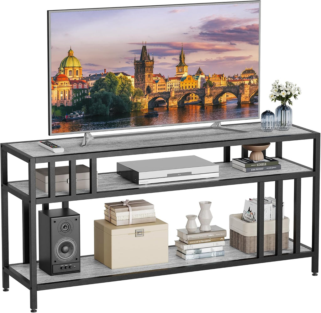 GarveeHome 65 in TV Stand for TV up to 75 in, Entertainment Center with Open Storage Shelves, TV Media Console Table with Quadruple-Tube Support for Living Room, Bedroom - 65 in Grey