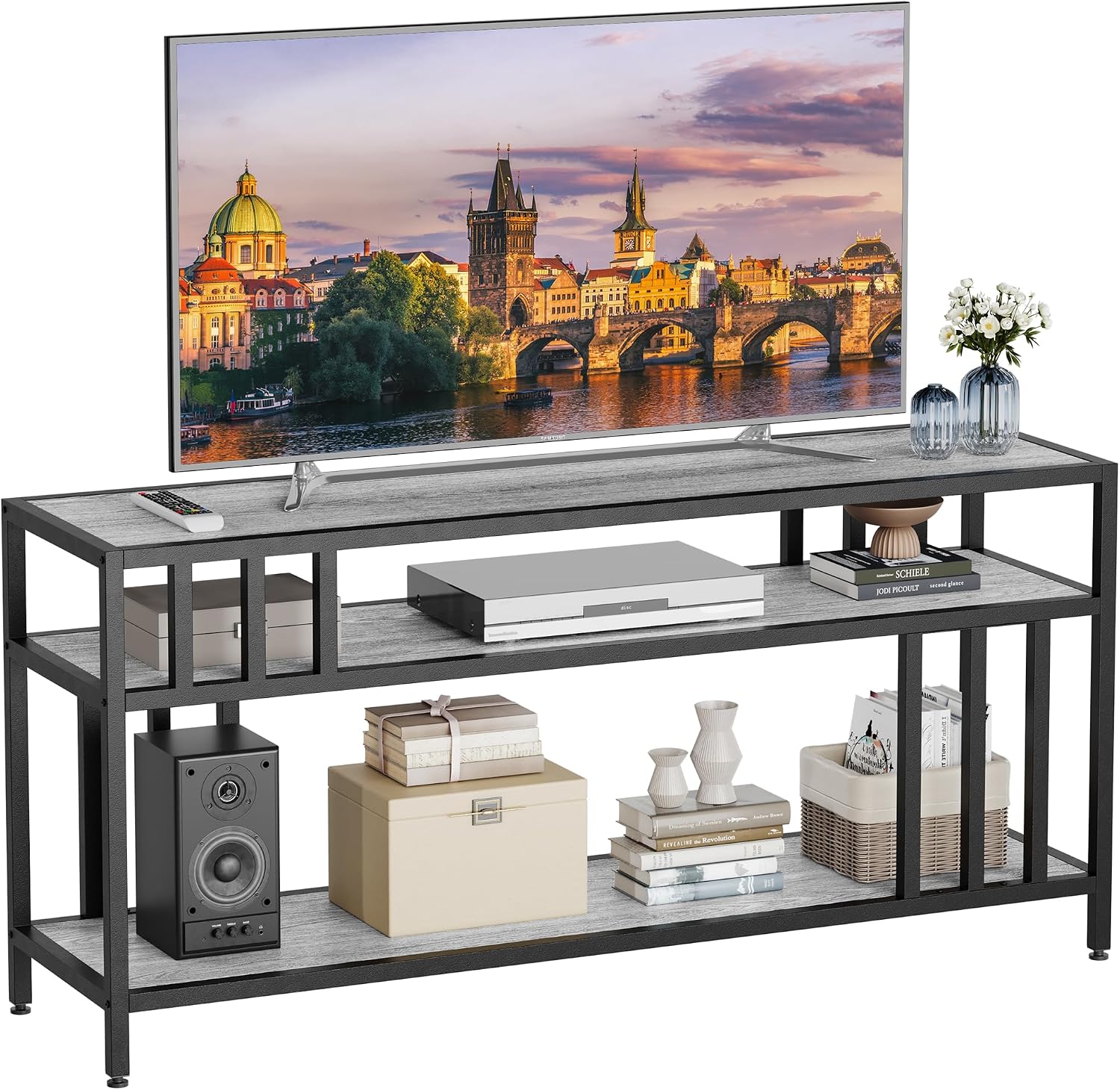 GarveeHome 65 in TV Stand for TV up to 75 in, Entertainment Center with Open Storage Shelves, TV Media Console Table with Quadruple-Tube Support for Living Room, Bedroom - 65 in Grey